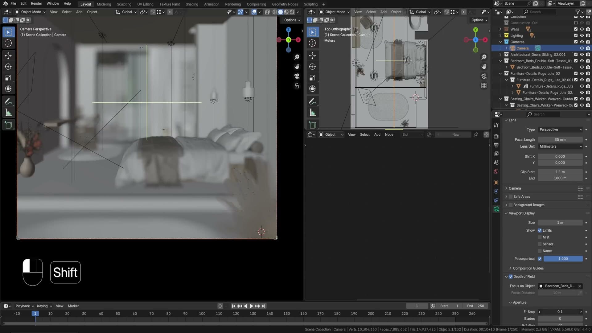Camera DOF with focus on the bed and aperture f/5.6