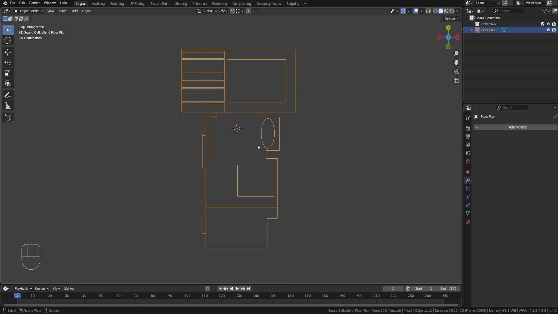The architect's floor plan opened in Blender as imported curves