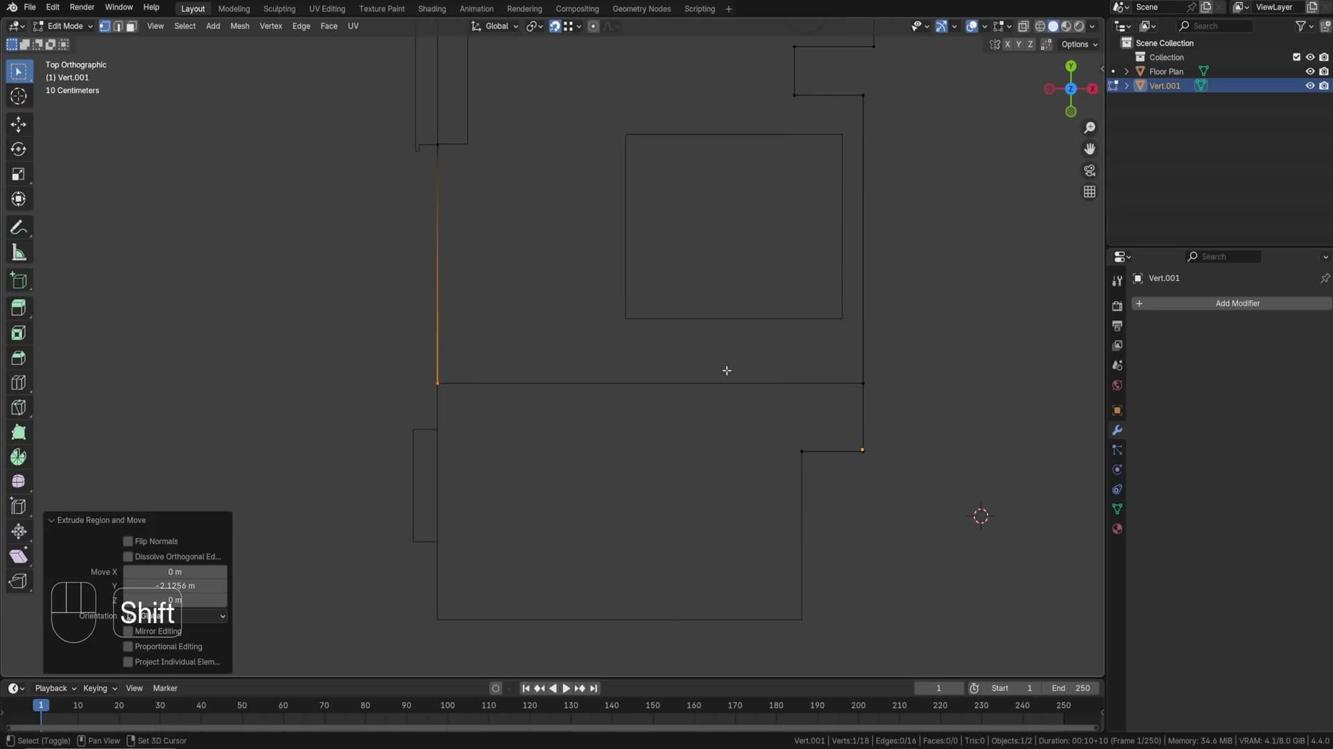 Tracing the wall outline with E + X and E + Y axis-locked extrudes