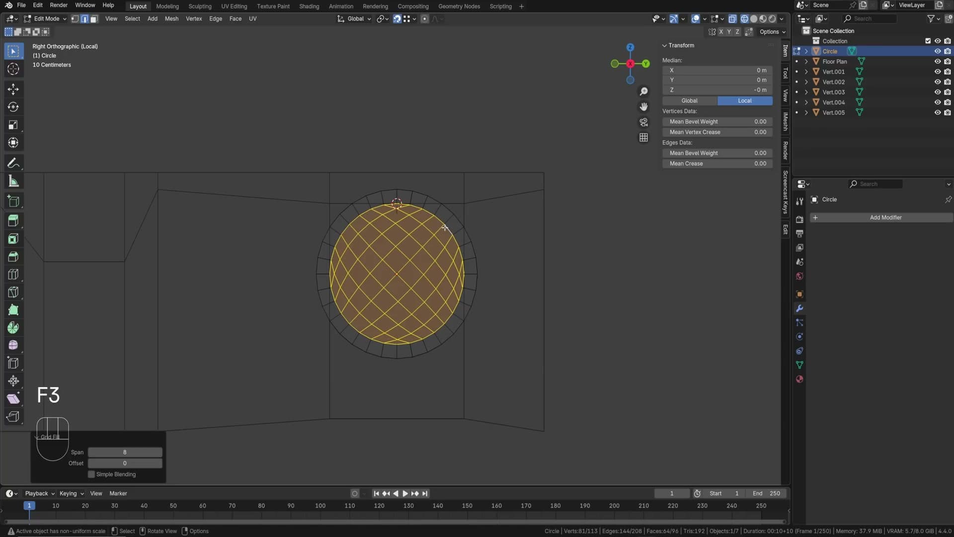 Grid Fill operation creating quads inside the circle
