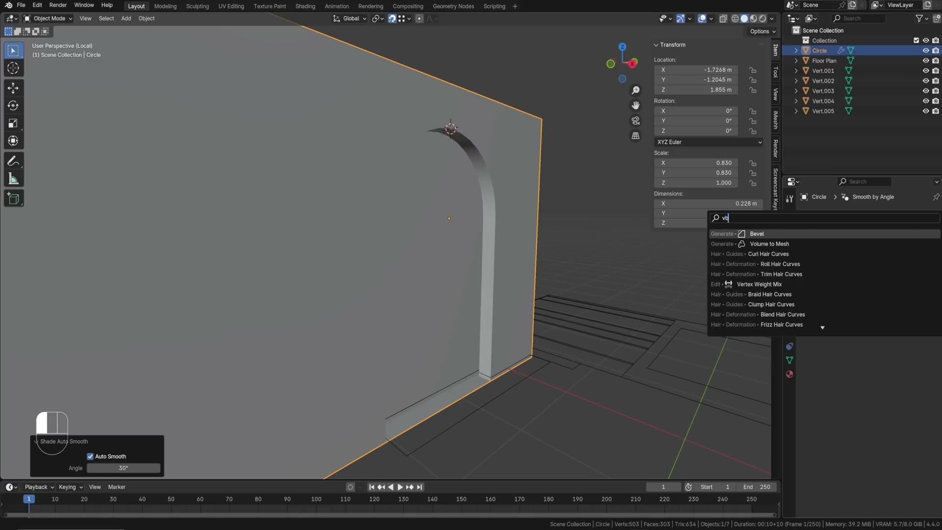 Bevel modifier set to 0.007 with extra segments