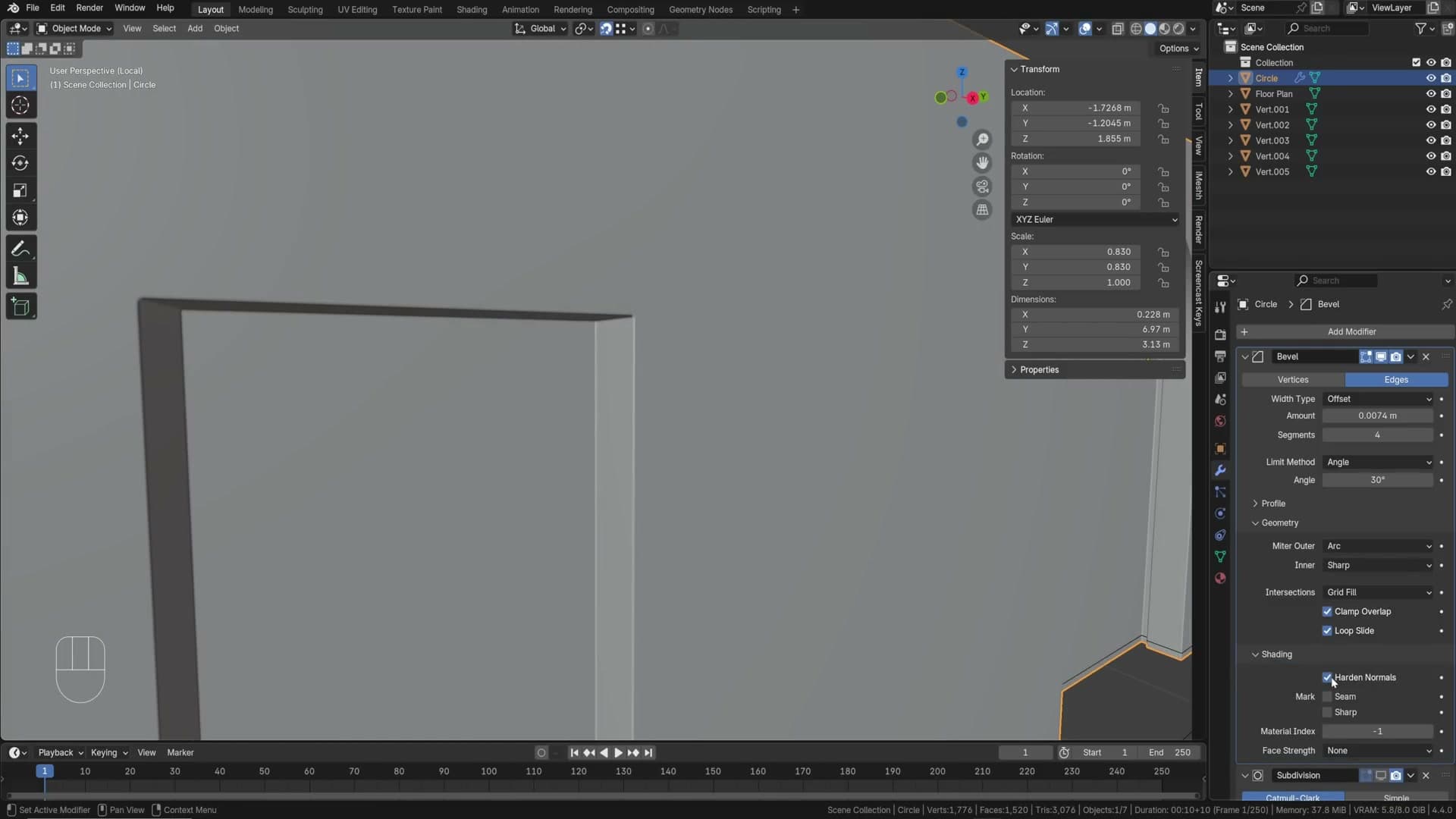 Final smooth archway after bevel + subdivision + harden normals