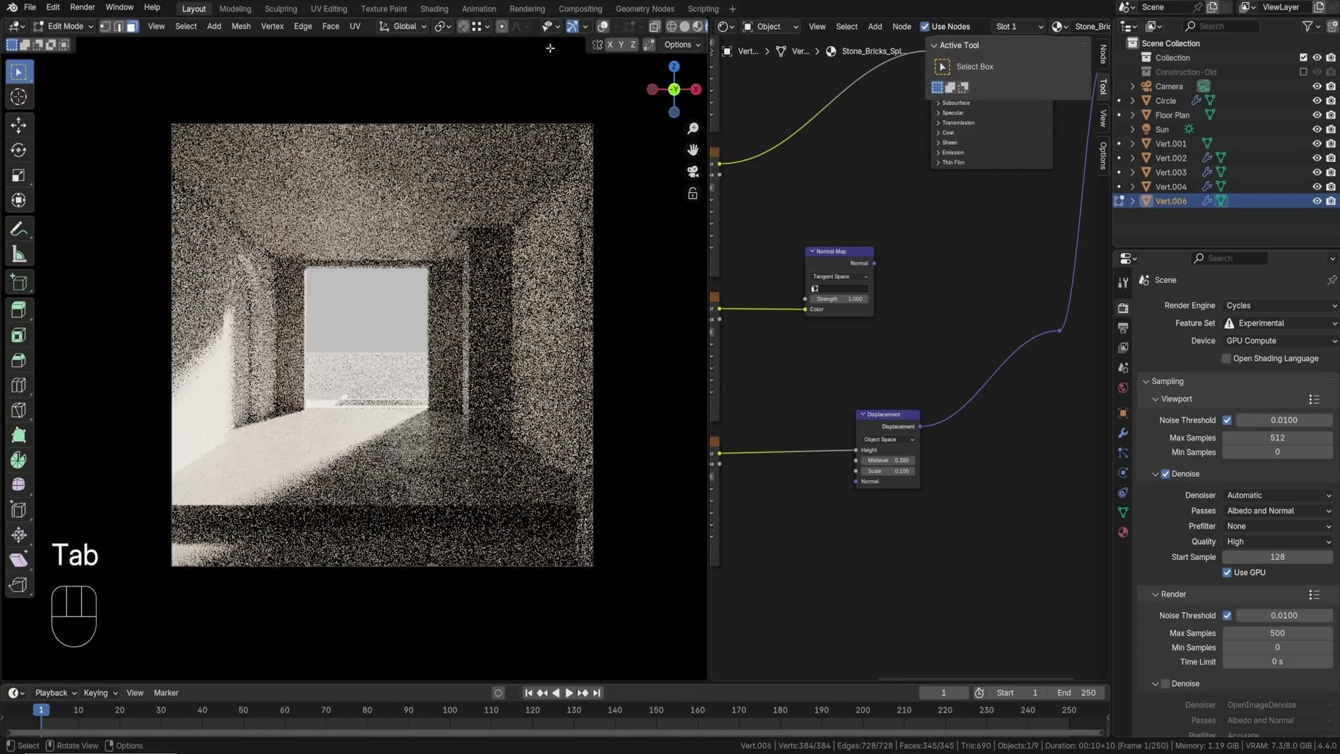 Real displacement pushing bricks out as actual geometry