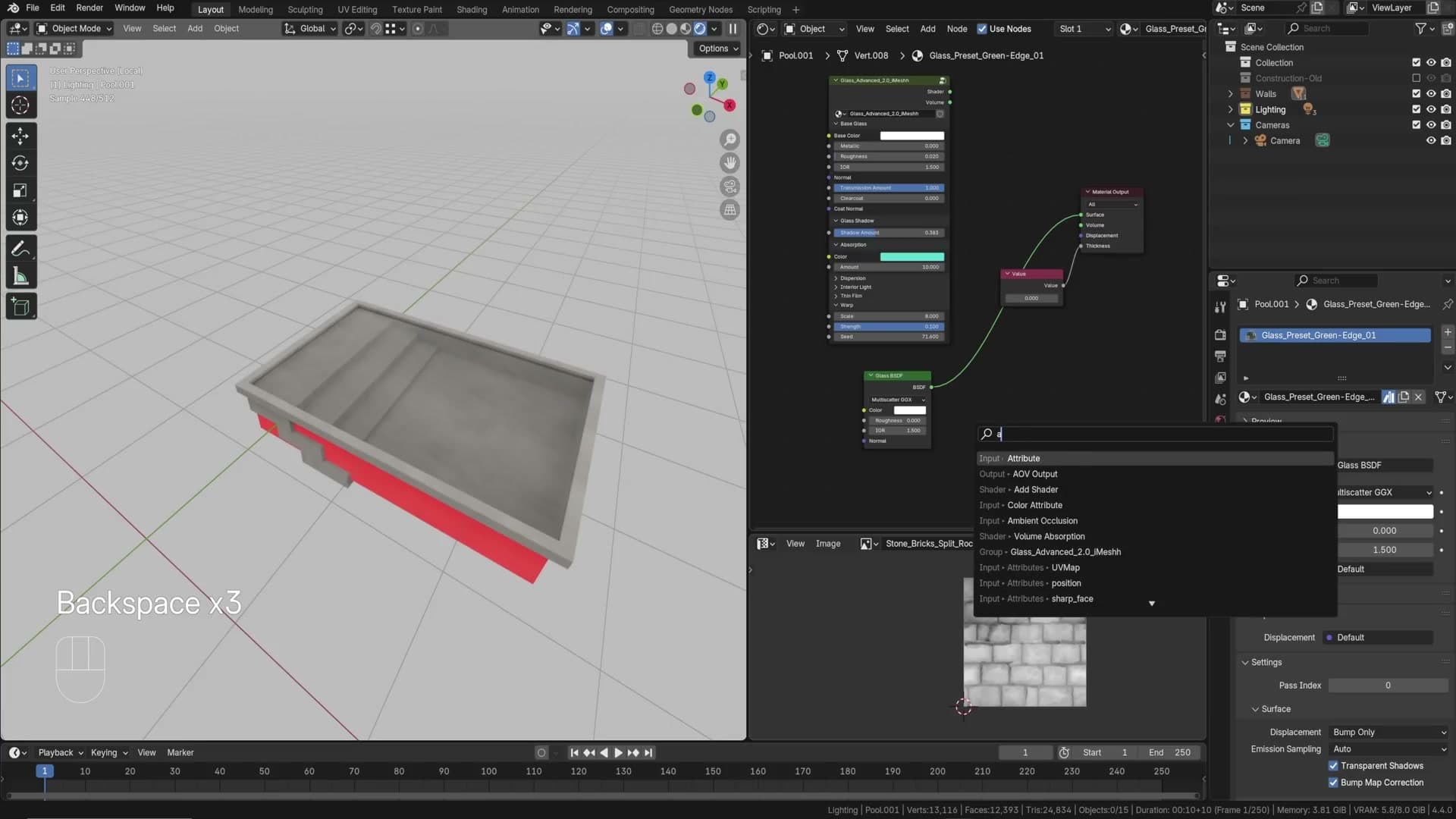 Glass BSDF plus Principled Volume: the whole pool water shader