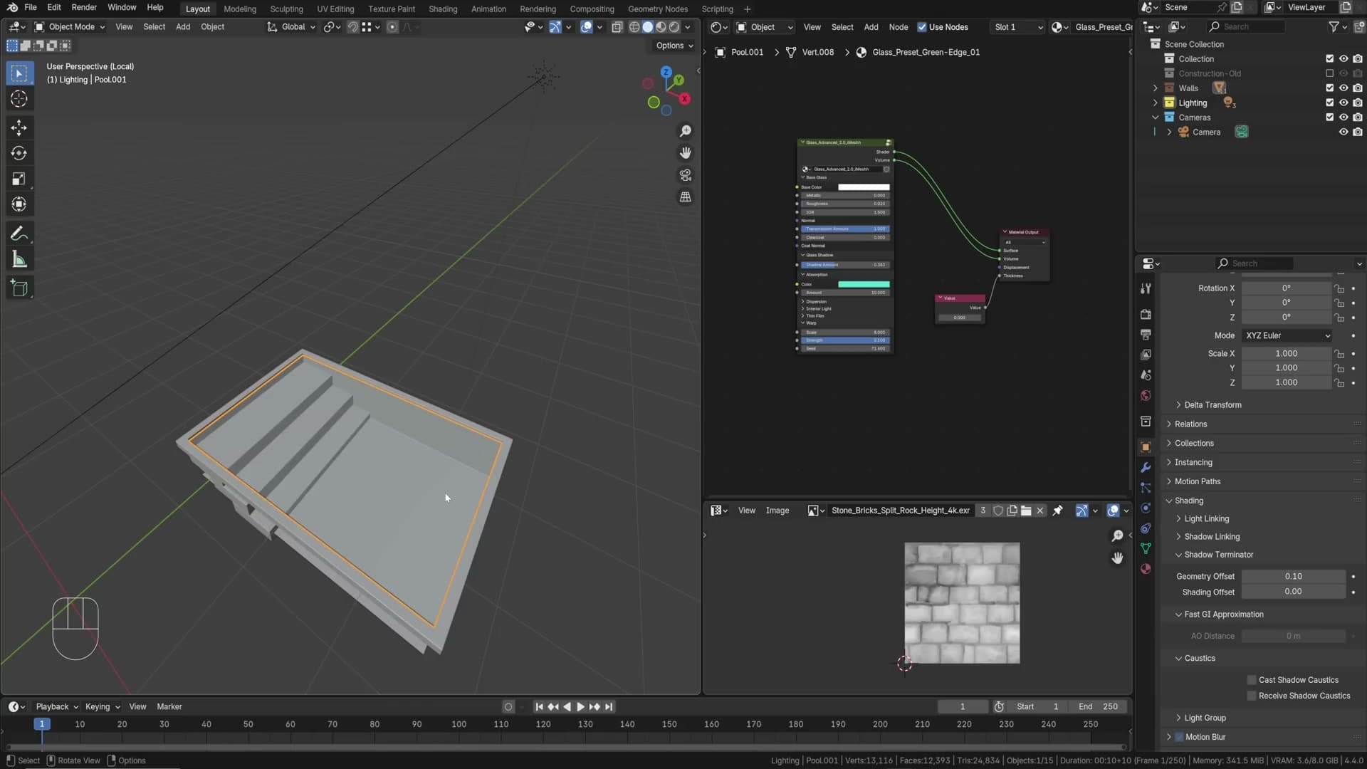 Enabling Shadow Caustics on the sun lamp and Receive Caustics on the pool floor