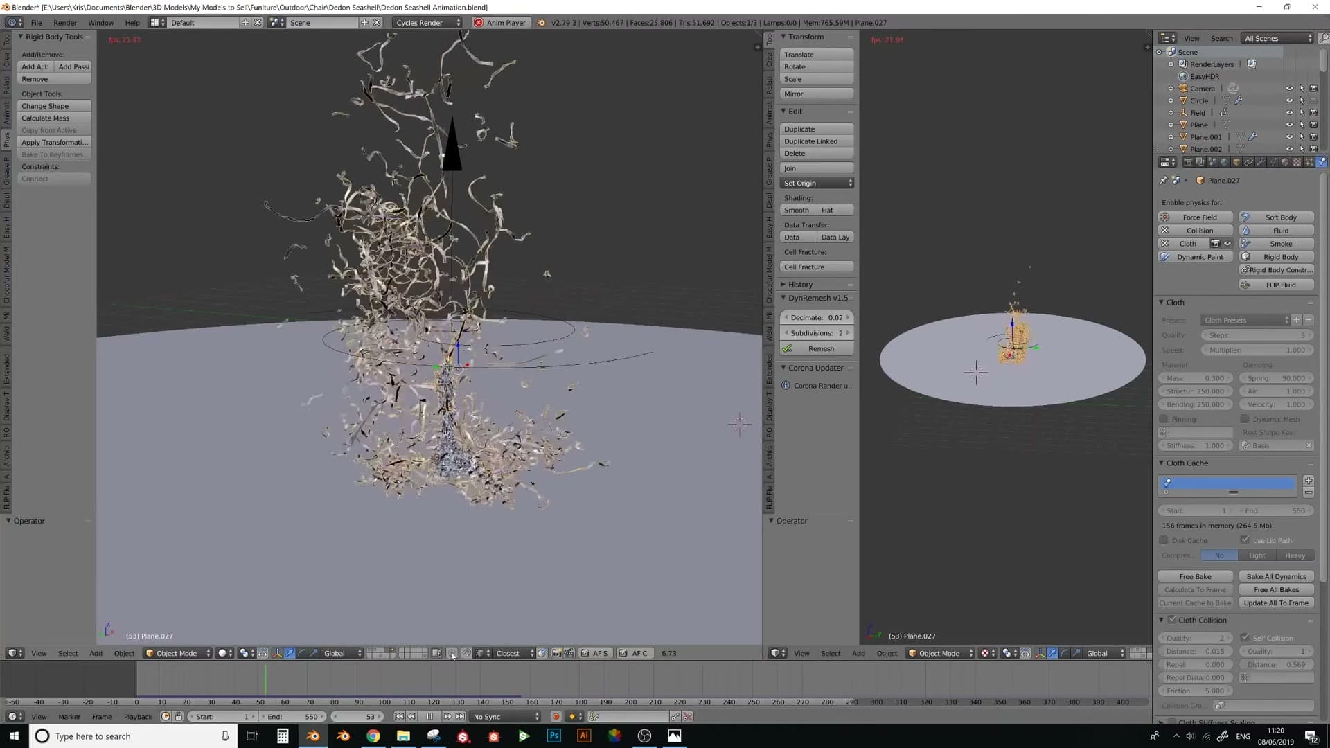 Mid-simulation: strands fly apart individually before settling back toward the chair silhouette.