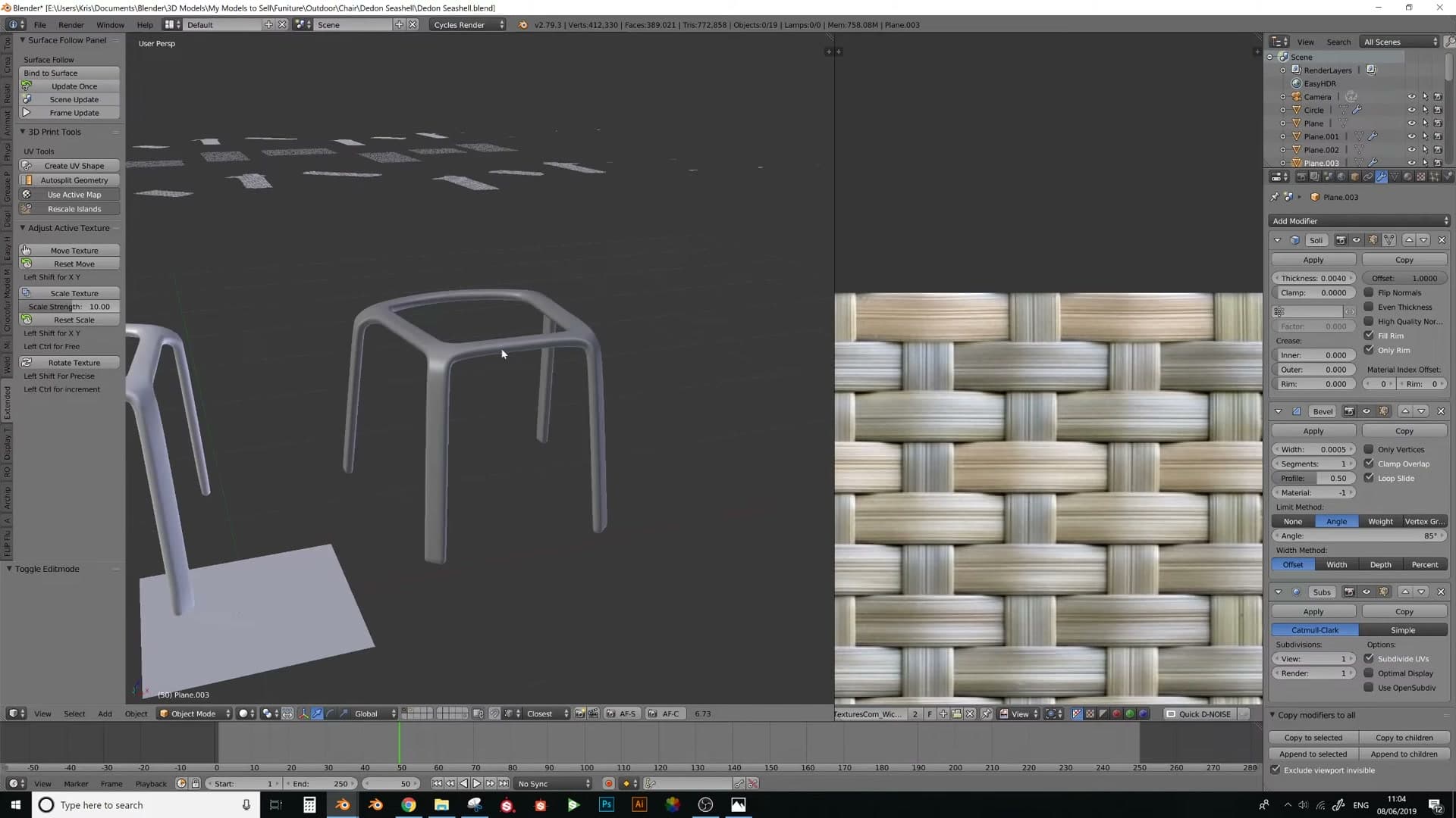 The working layer: flat planes traced from the manufacturer's product plans form the chair silhouette.