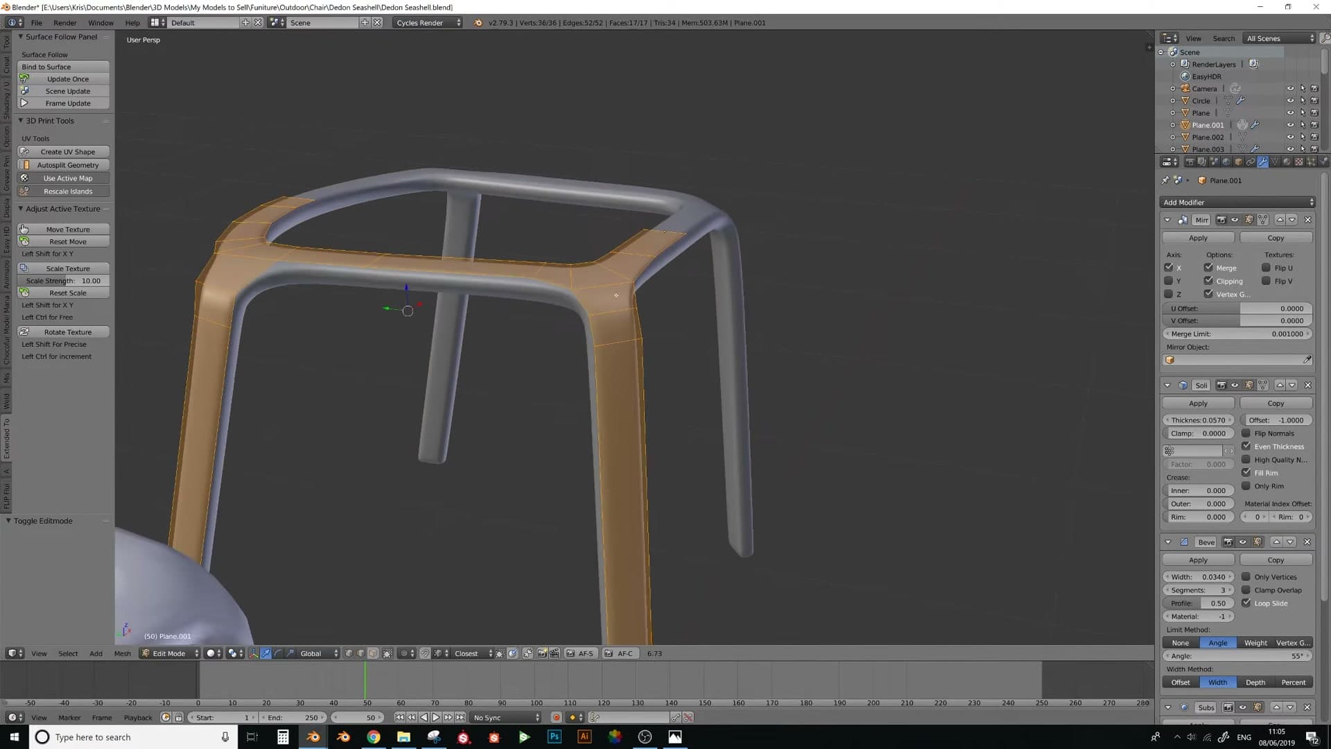 Solidify gives the planes thickness, Bevel rounds the corners, and a Mirror modifier handles symmetry.
