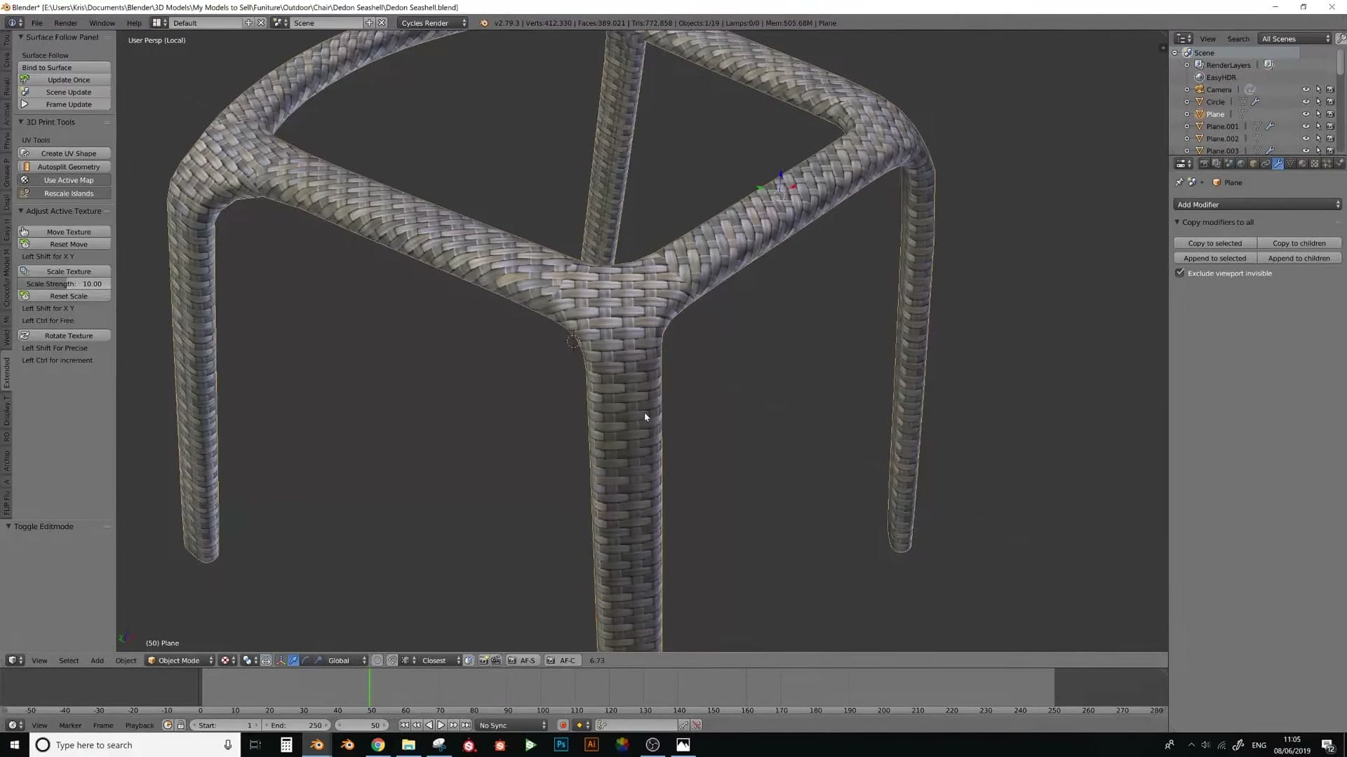 A reference weave texture applied in texture view. The seams are placed where the real wicker turns at a 45-degree angle.