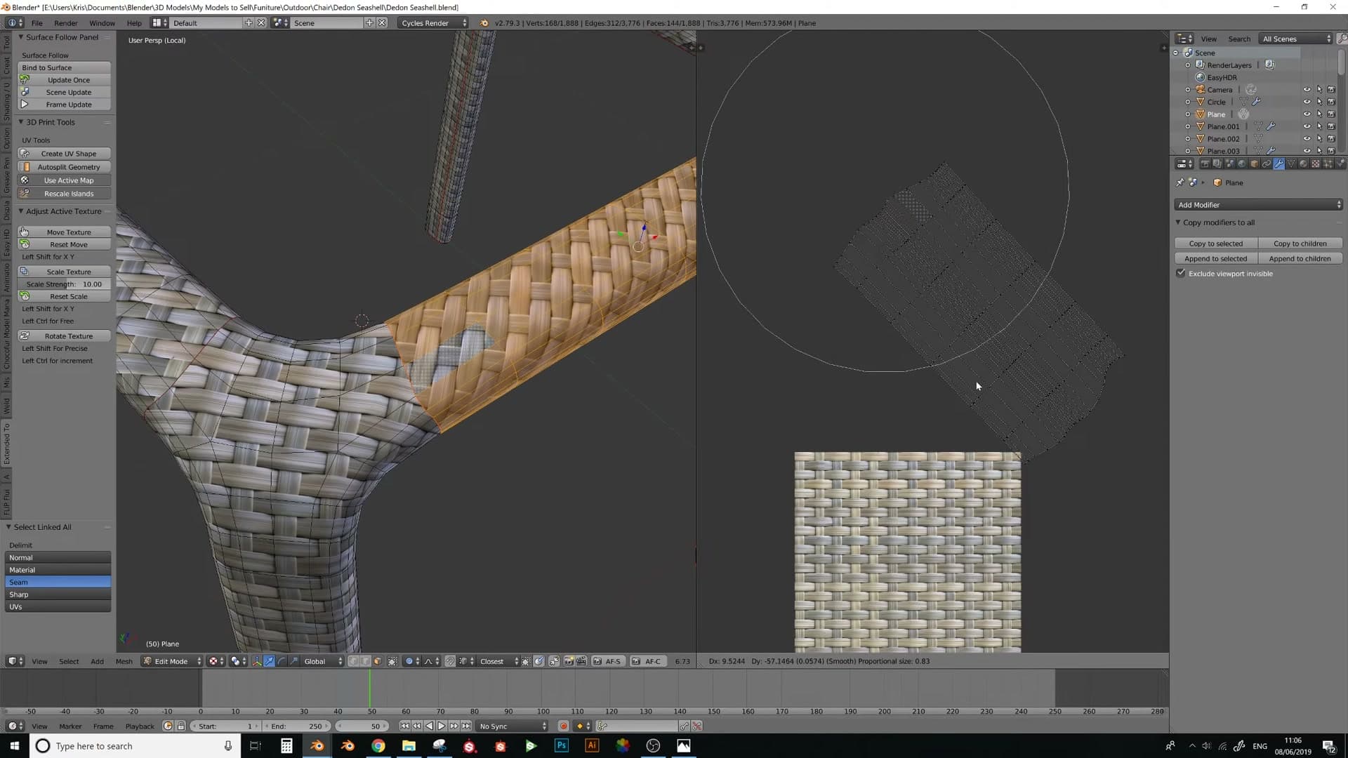 Face-select in the UV editor with proportional editing on. Drag islands until the weave texture flows continuously across seams.