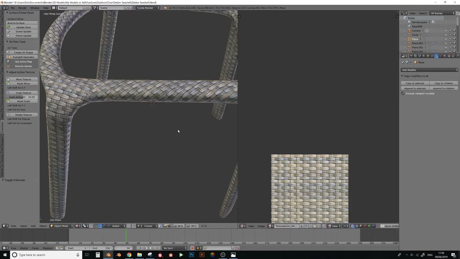 Aligned UVs: the weave texture now runs at a consistent 45 degrees around the curved sections.