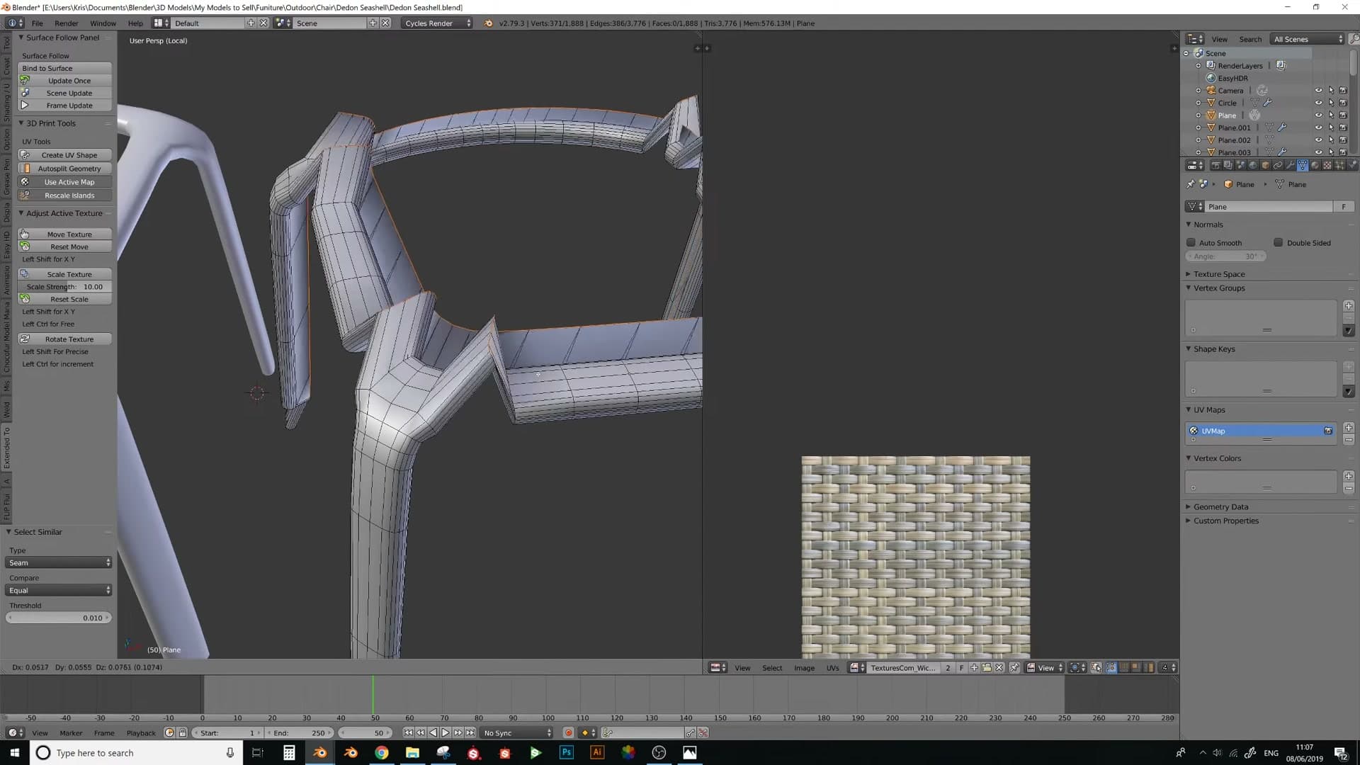 Selected seams about to be split with V. This step is required before generating the flat shape key.
