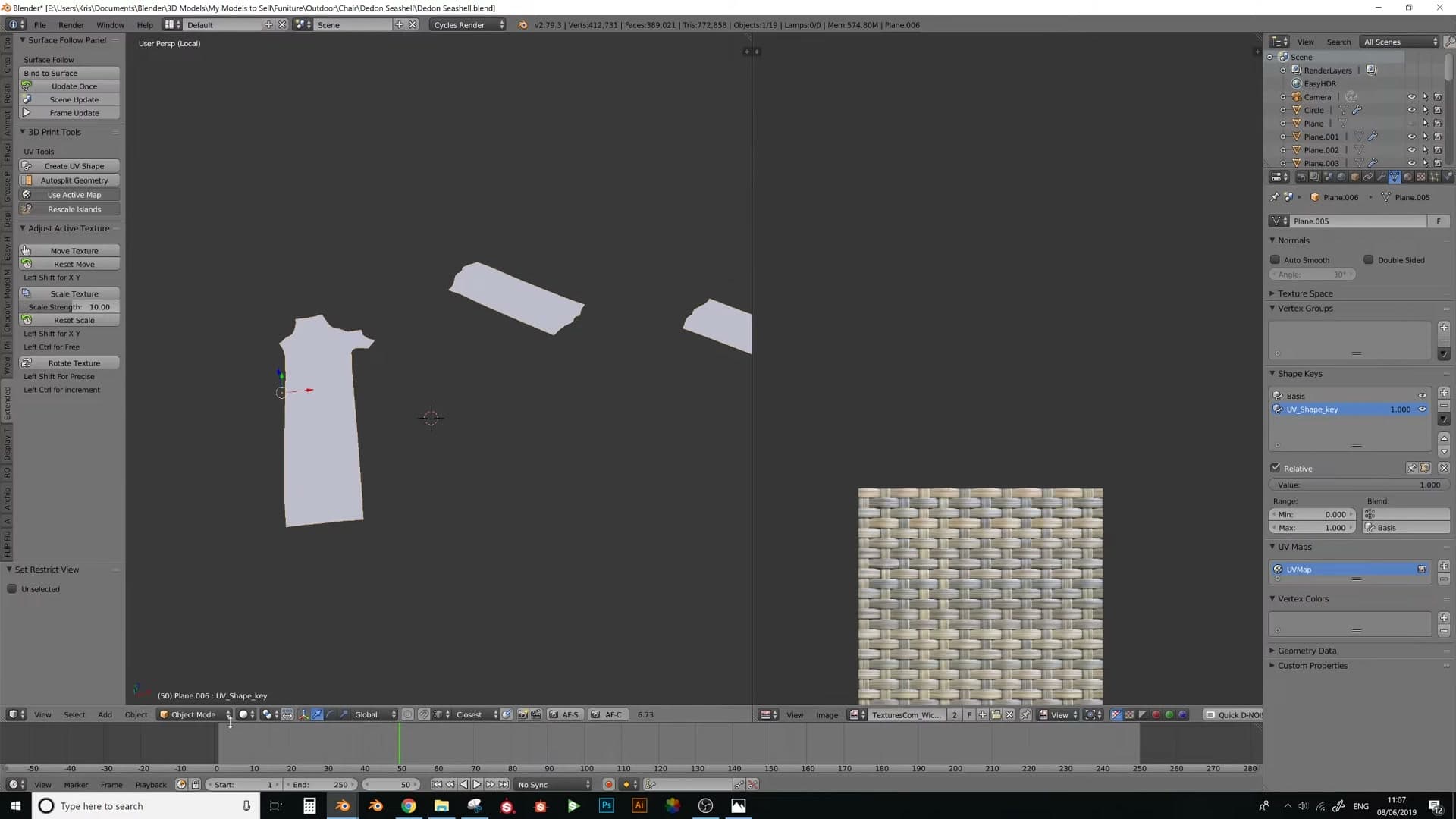 The chair flattened against its UVs via the new shape key. Sliding the value reverts it back to the 3D chair.