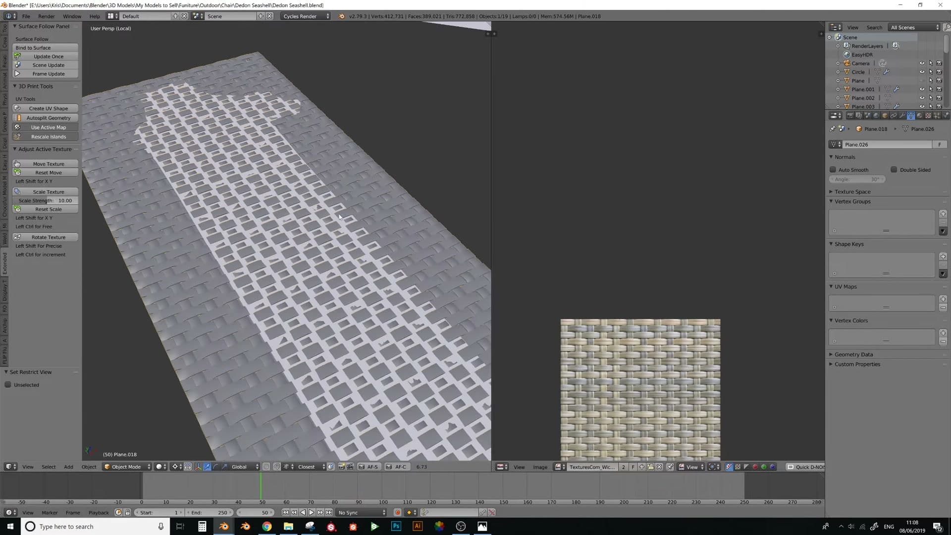 The base weave patch, kept deliberately low poly because Solidify, Bevel and Subsurf will multiply this count later.