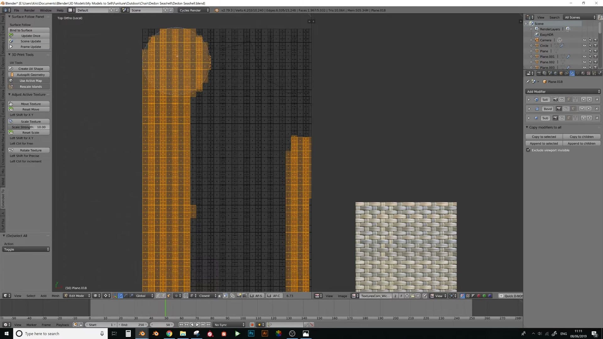 Surface Deform modifier on the flat weave, targeting the flattened chair plane. Bind locks the relationship.