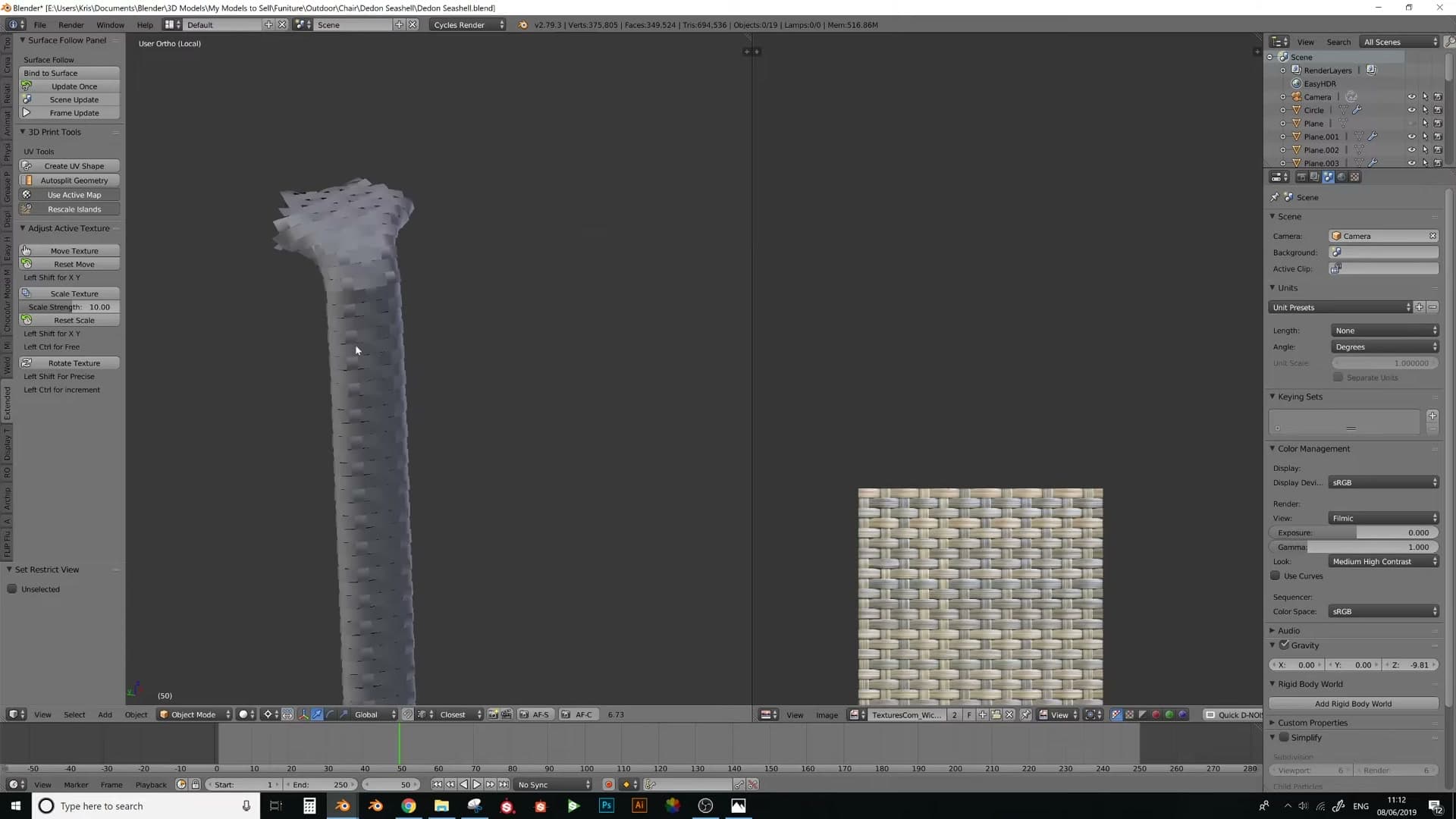 Sliding the shape key back to 1.0. The bound weave now conforms to the curved chair geometry automatically.