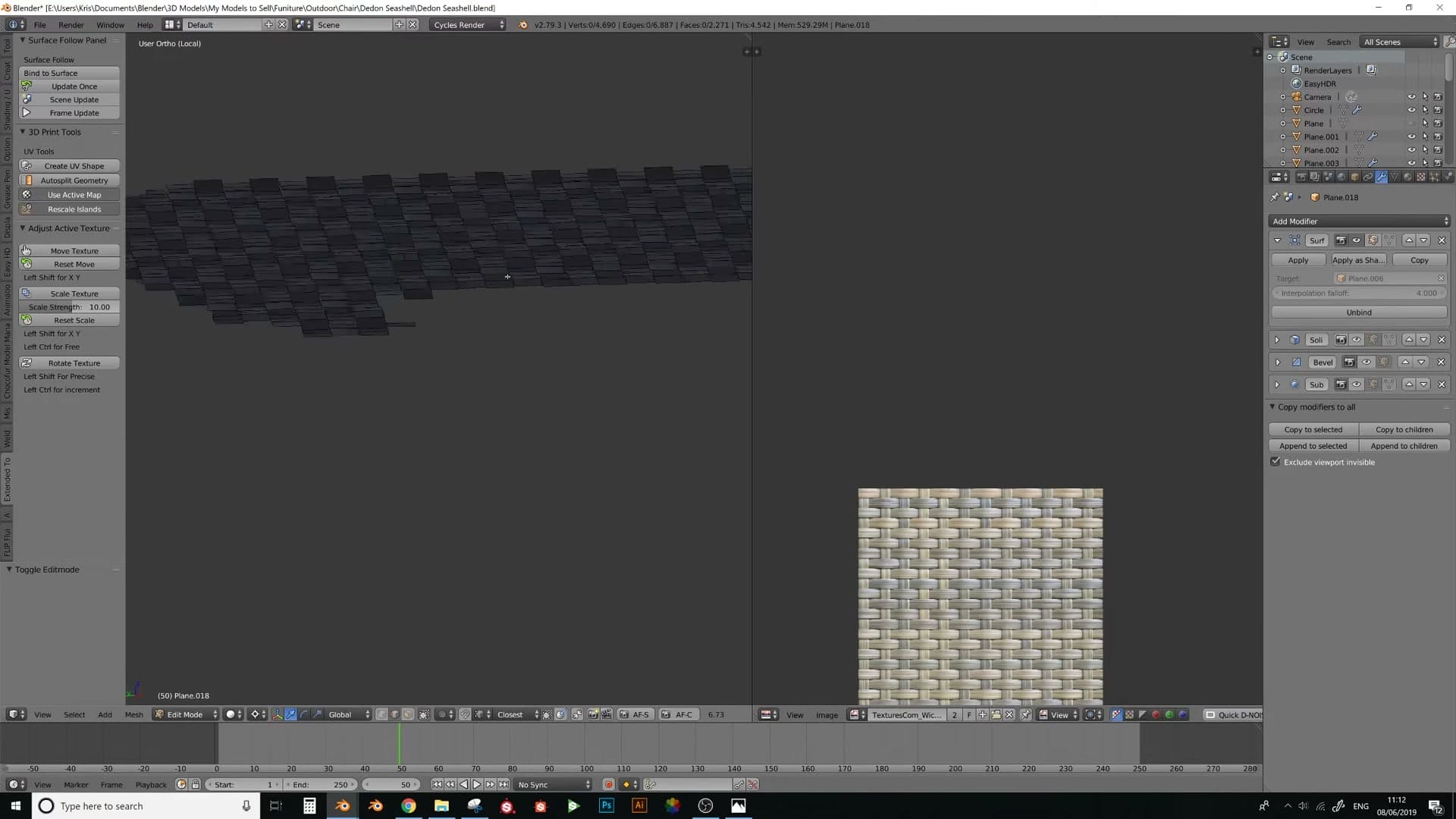 Re-enabling Solidify, Bevel and Subsurf at the top of the modifier list gives the wrapped weave real volume.