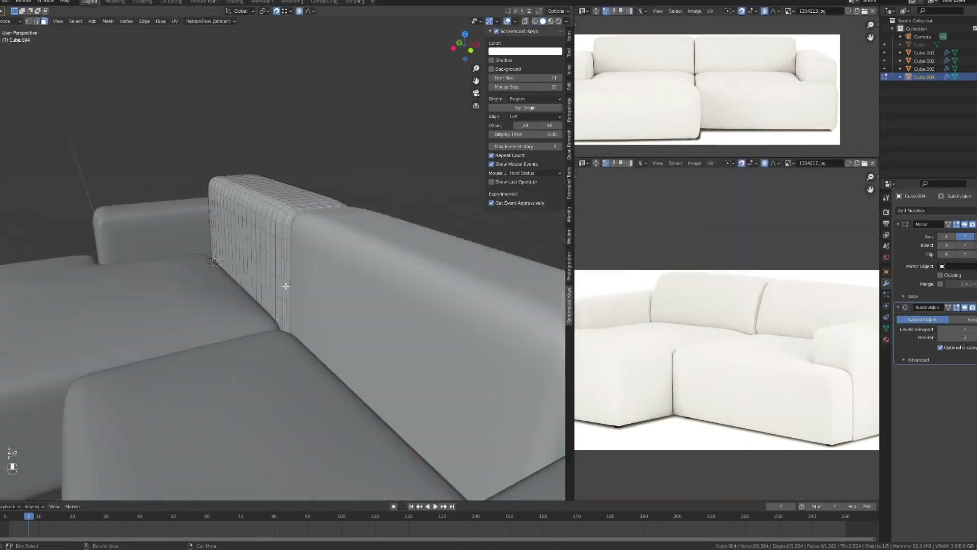 Loop cuts marking the boundary between seat base, backrest, and armrests.