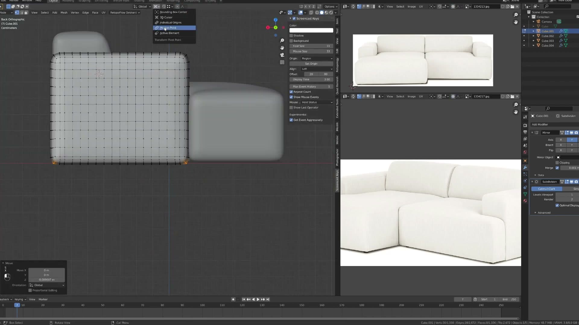Faces extruded to break the single block into three distinct upholstery zones.