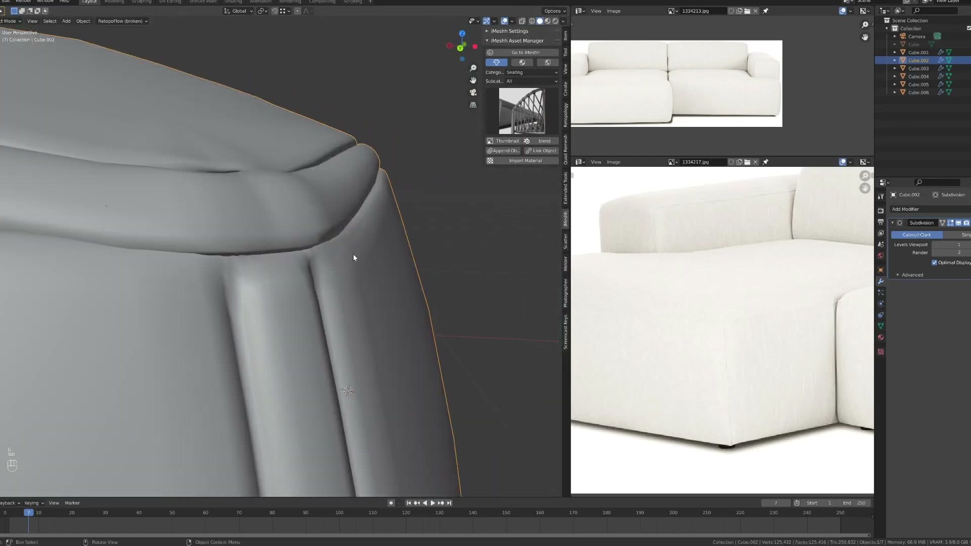Subsurf modifier at level 2 with the inflated upholstery form taking shape.