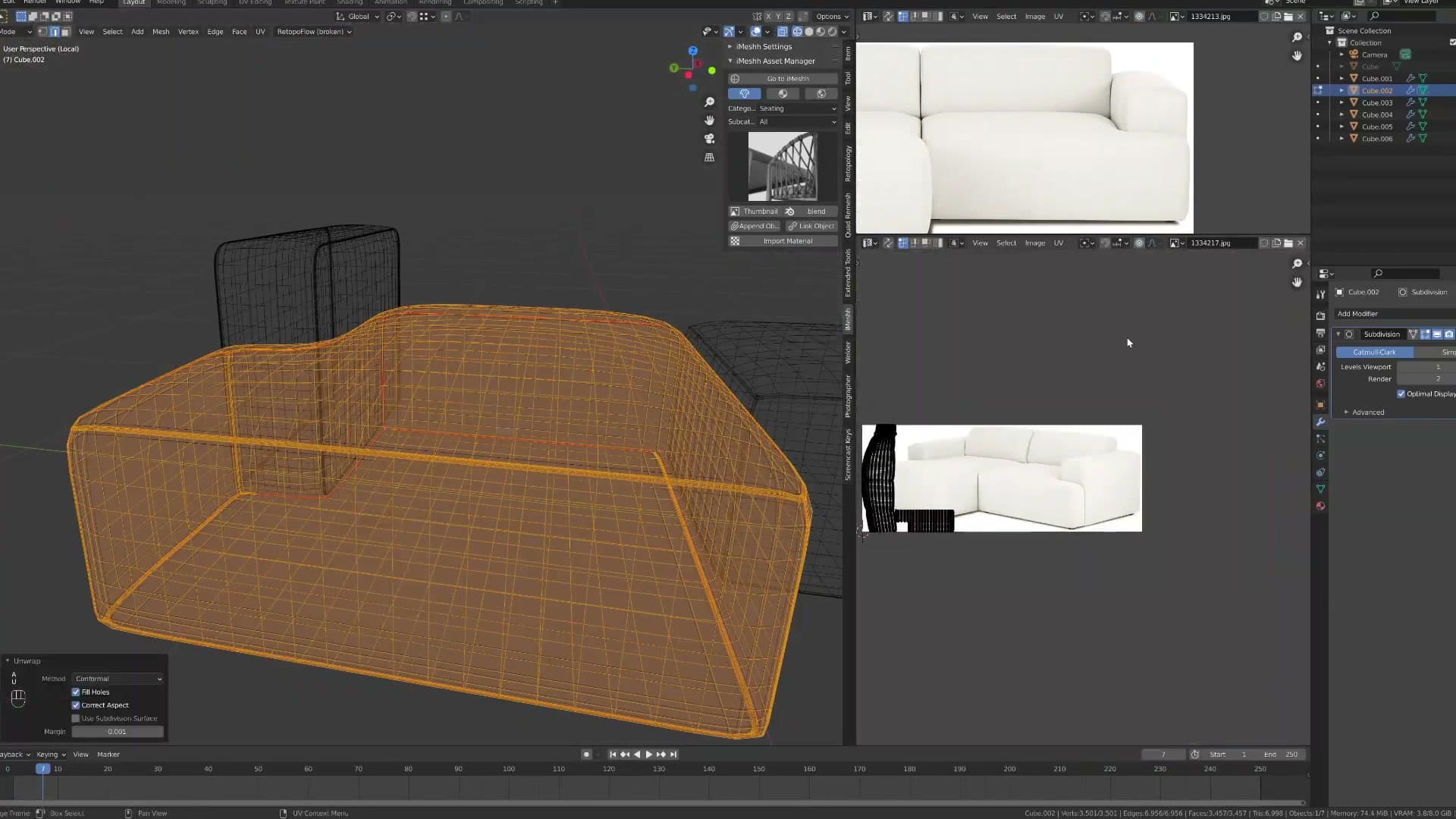 Cushion faces selected and separated by selection into individual objects.