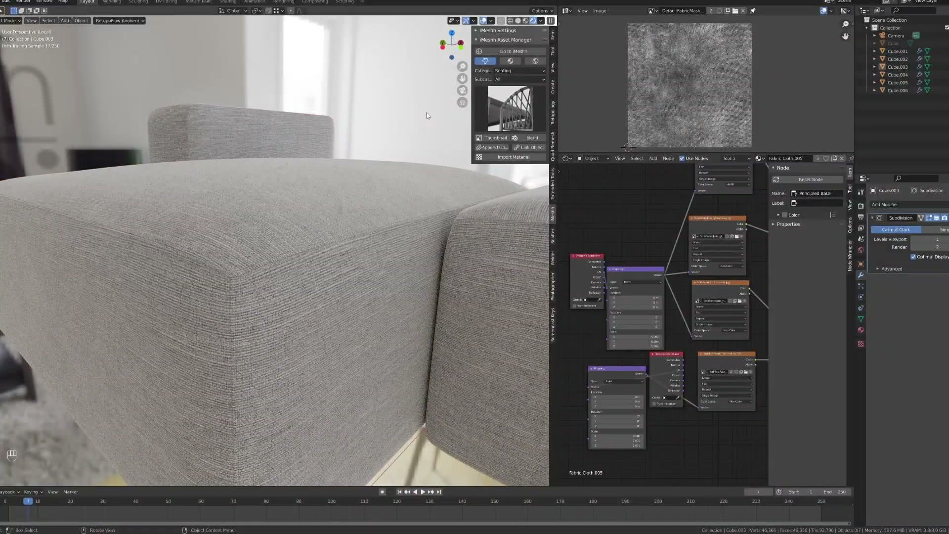 Three discrete seat cushions stacked in the outliner, each ready for independent shaping.