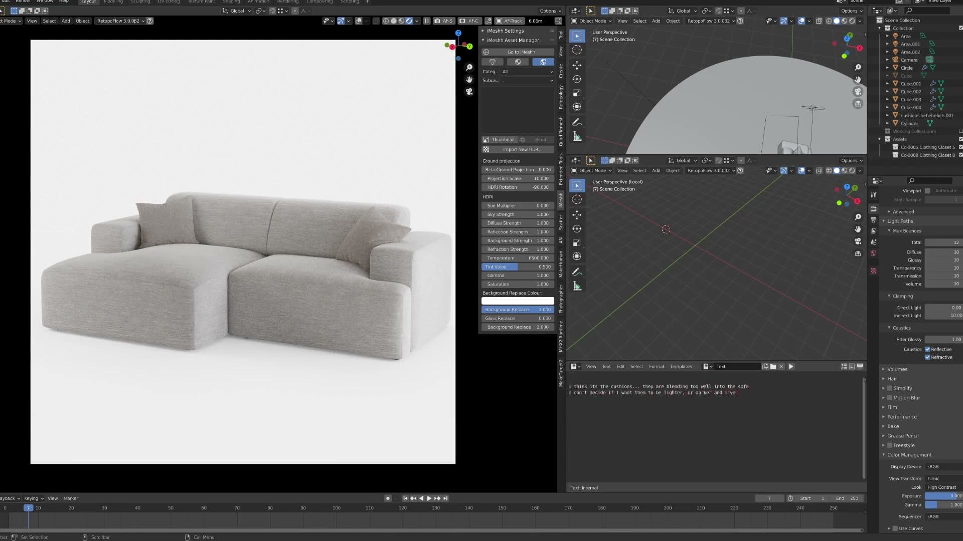 Neutral fabric material preview applied to the whole sofa to validate the silhouette.