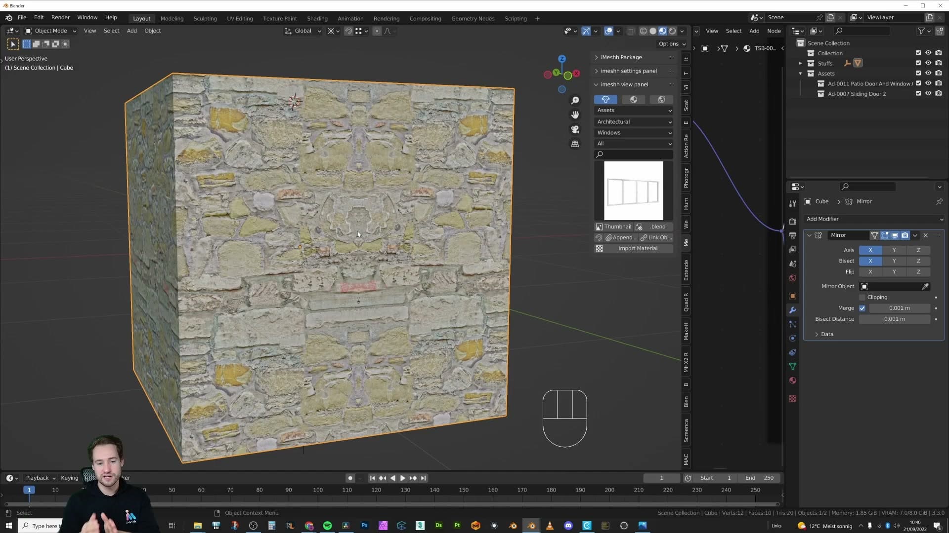 Bisected mirror with mirrored UVs. The texture is visibly flipped on the duplicated half.
