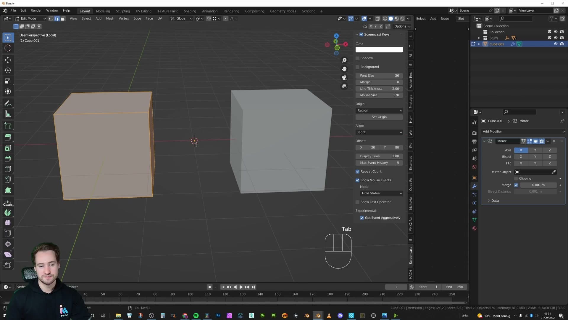 Origin snapped to the 3D cursor outside the cube. The mirrored duplicate appears immediately.