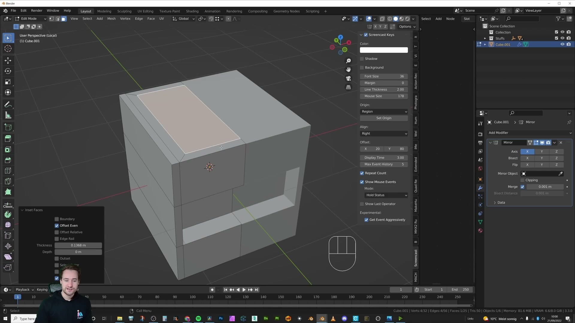 Inset face running across both halves cleanly after disabling the Boundary option on the mirror modifier.