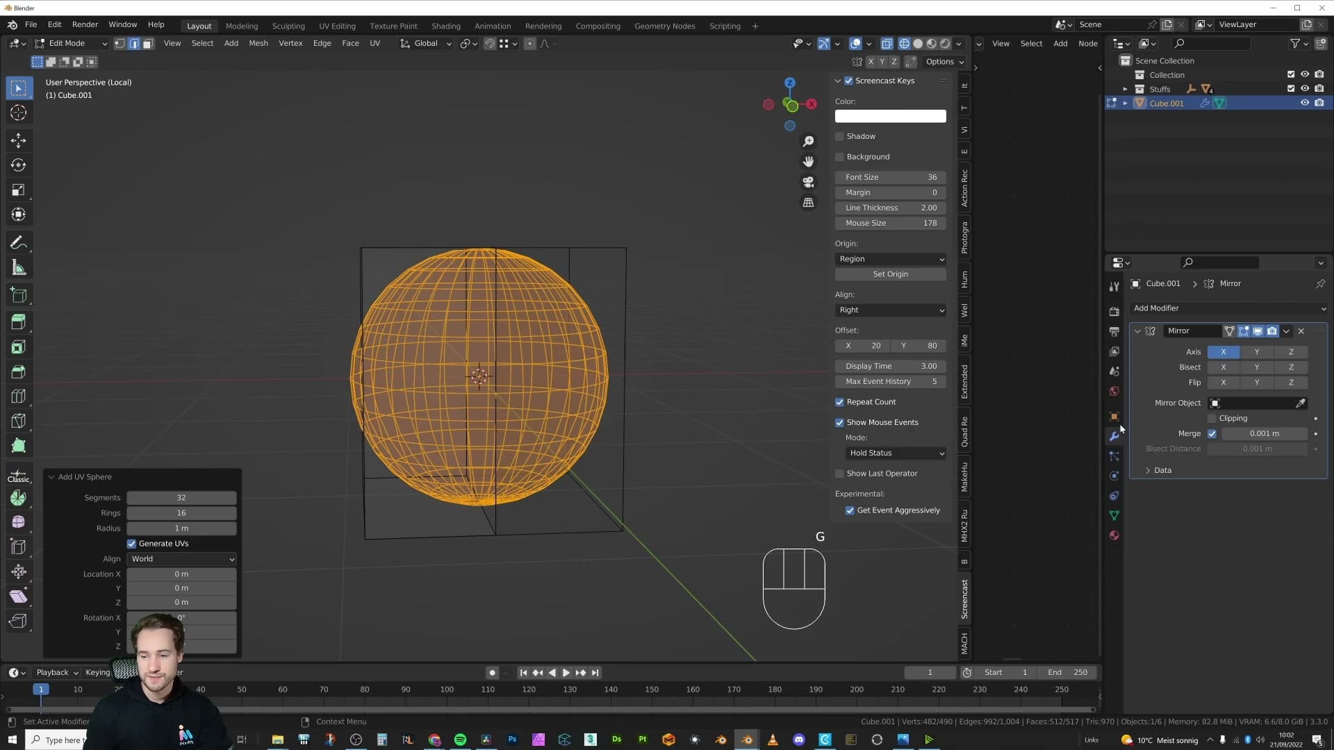 A small sphere stuck at the mirror plane. Clipping has to be temporarily disabled to move it.