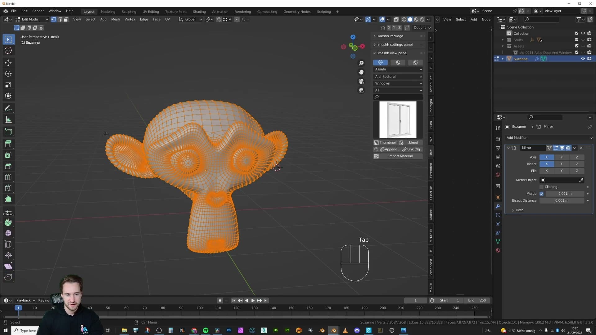 Suzanne with bisect enabled. Blender silently cuts the mesh along the mirror plane.