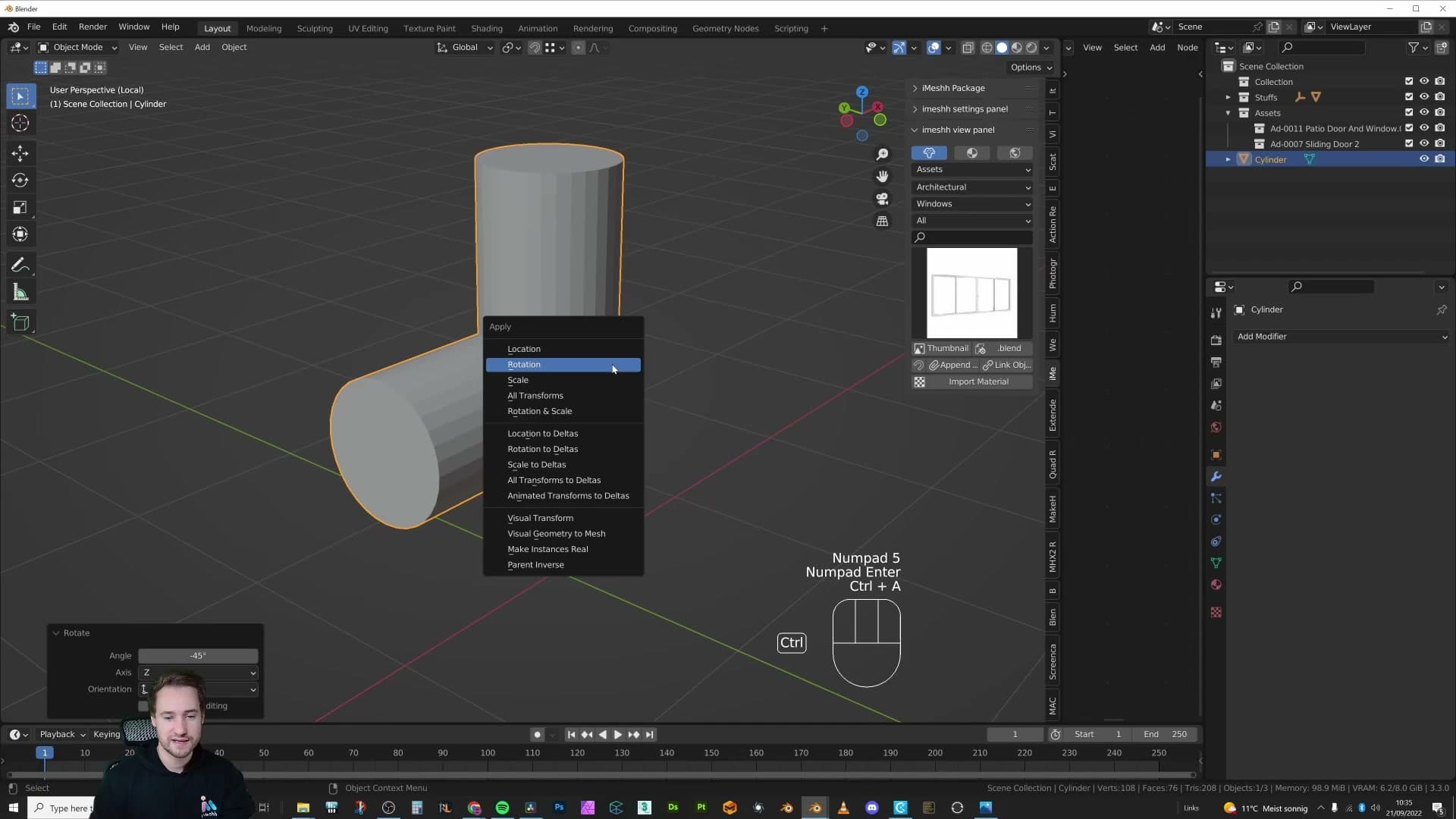 Pivot point set to 3D cursor so the second mirror rotates around the existing junction, not the object centre.