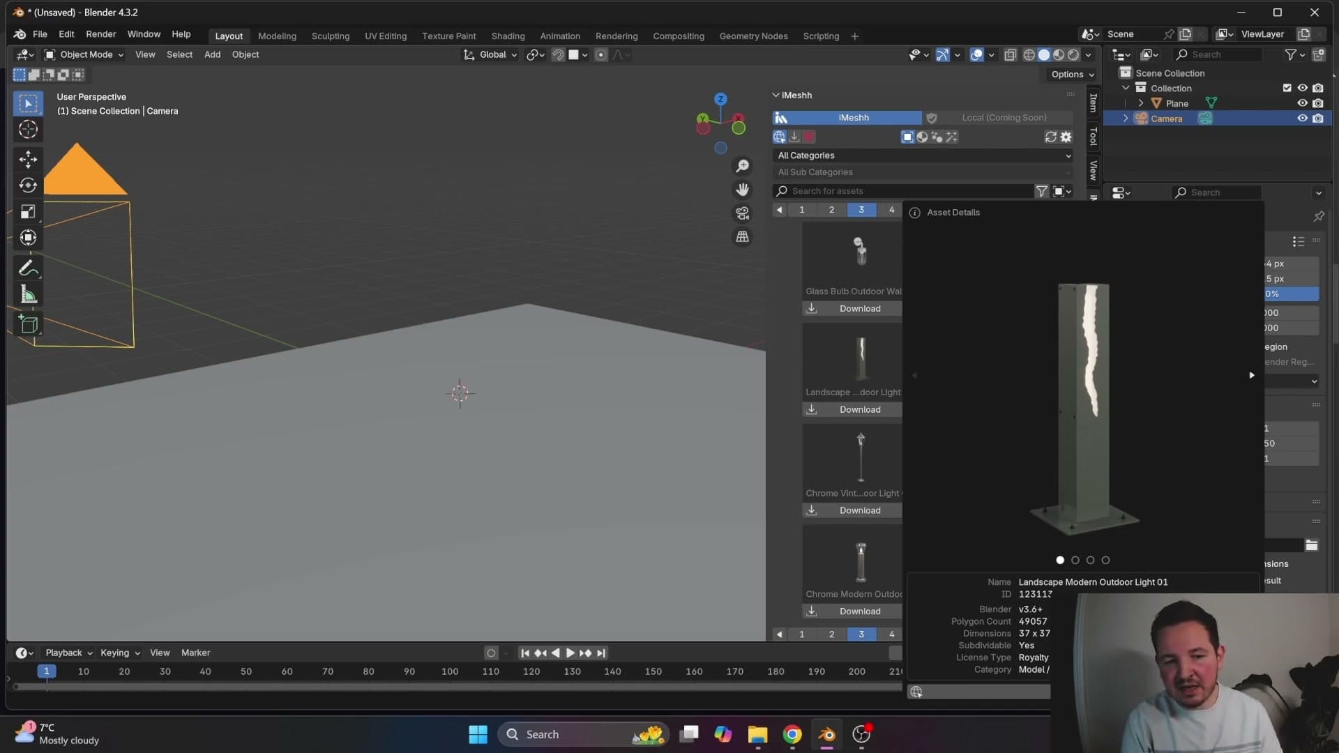 The info pop-up pulls the full asset page from imeshh.com: close-up renders, geometry views, dimensions, poly count, Blender version, and licence.
