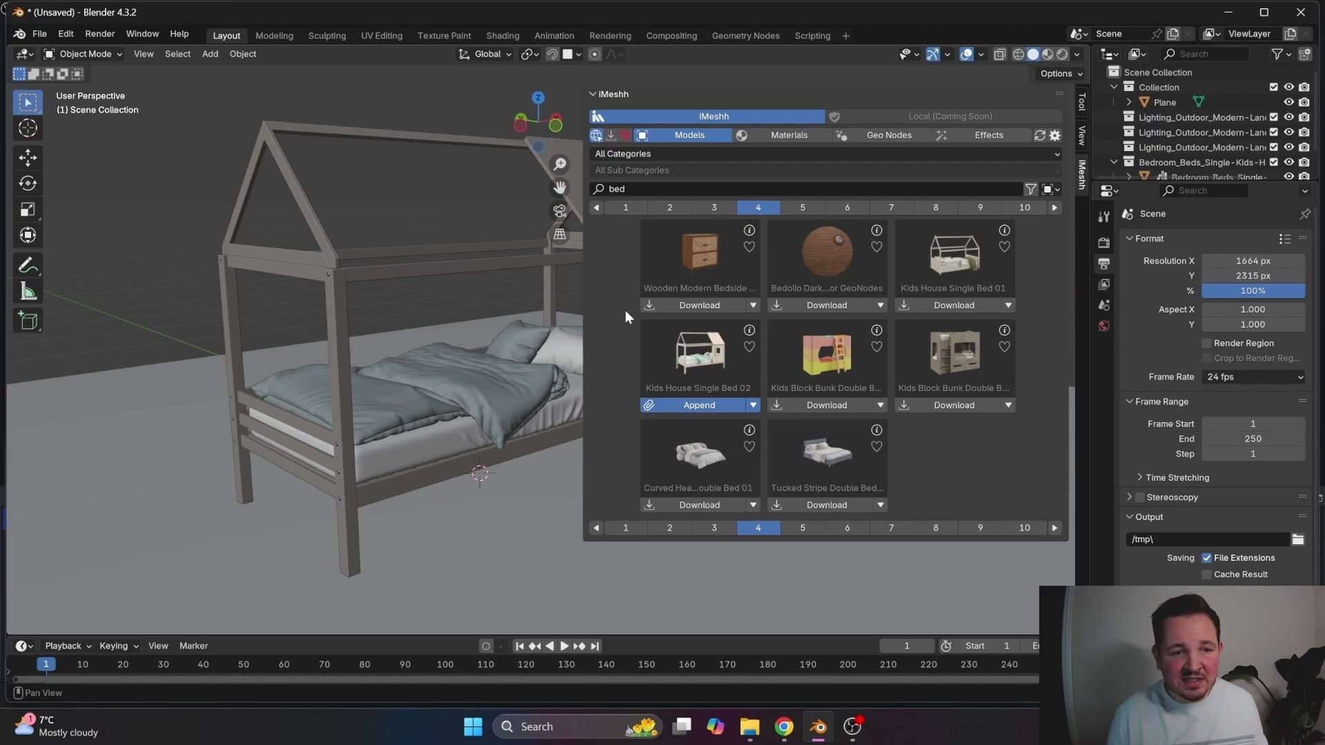 The selected bed lands in the scene a moment after the download finishes. Pristine model, zip already cleaned up.