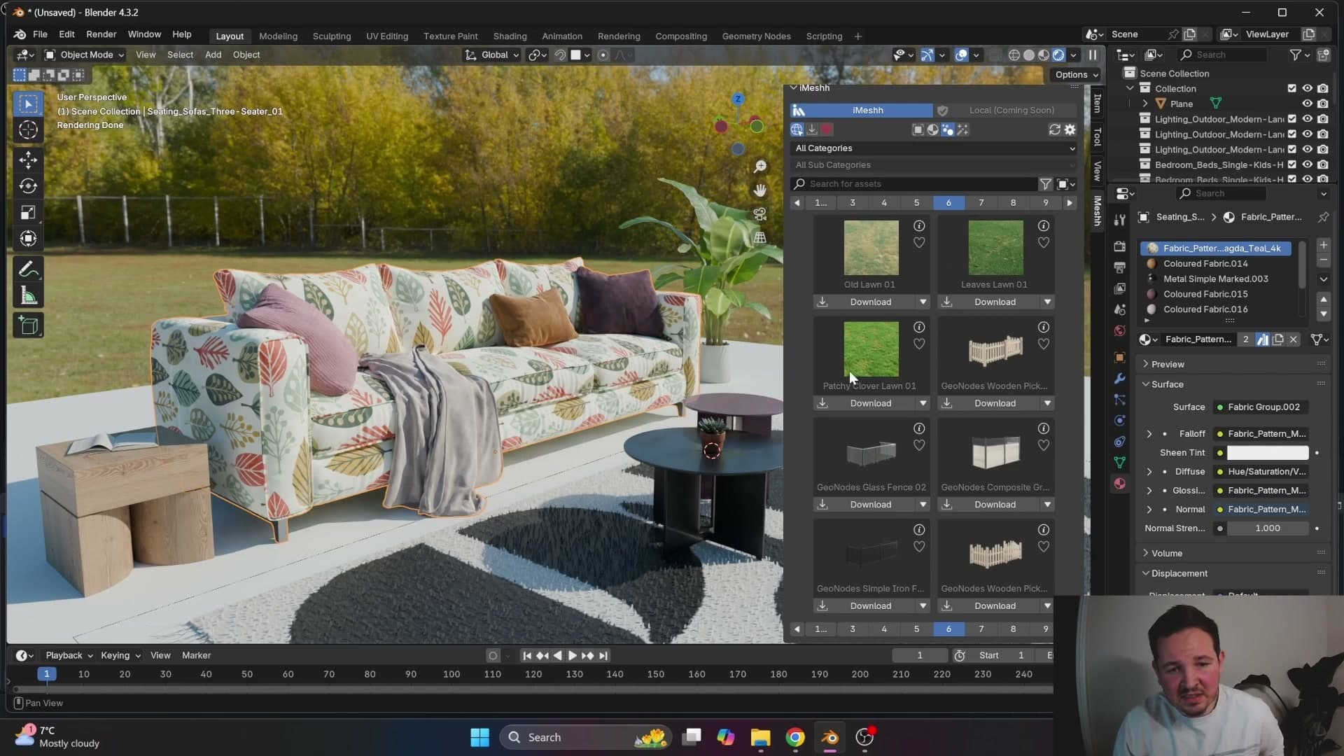 Fence and lawn geo-nodes for exterior scenes, with upcoming roof-tile systems on the roadmap.