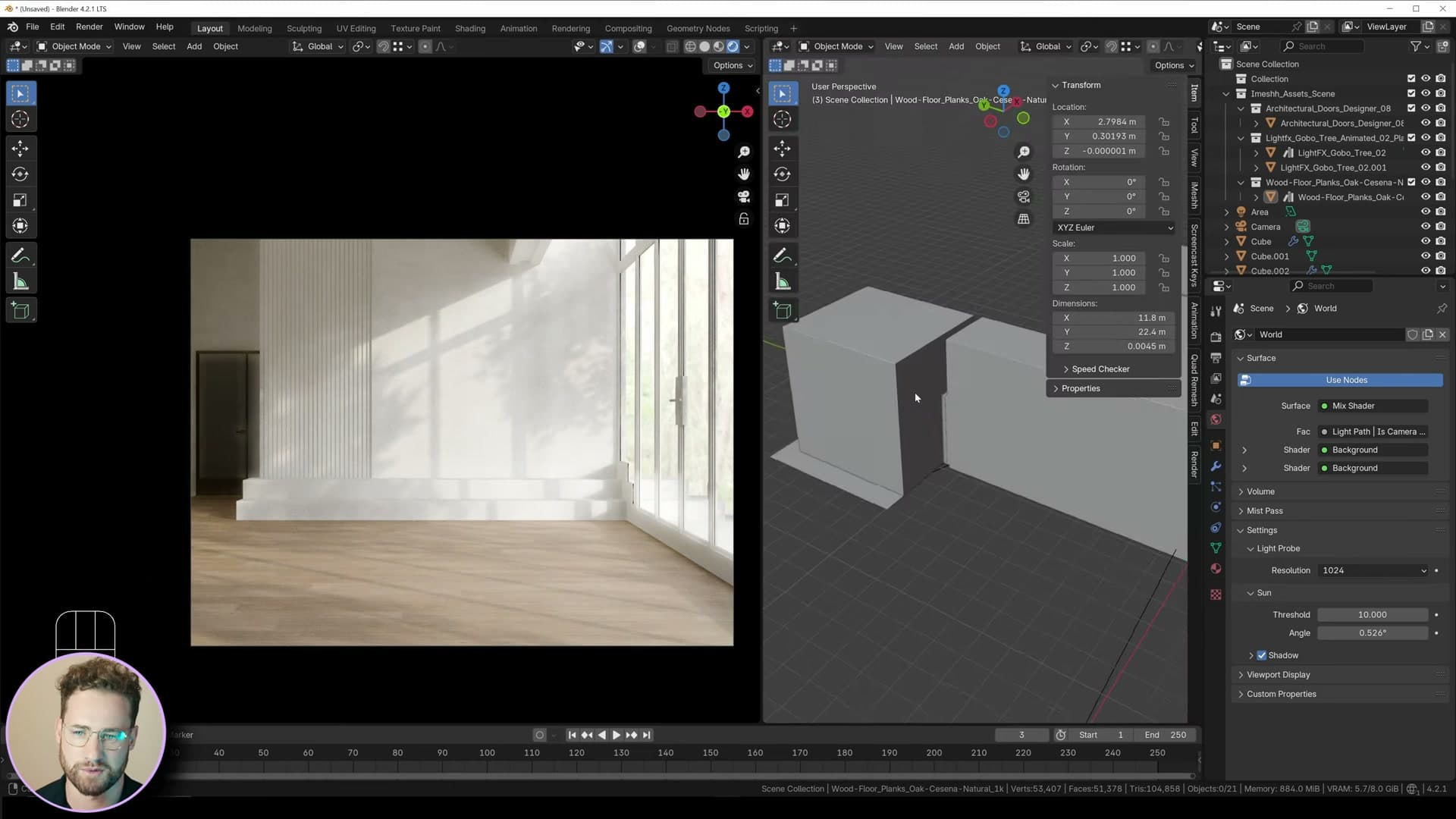 World shader graph: Light Path > Is Camera Ray driving a Mix Shader between two Background nodes.