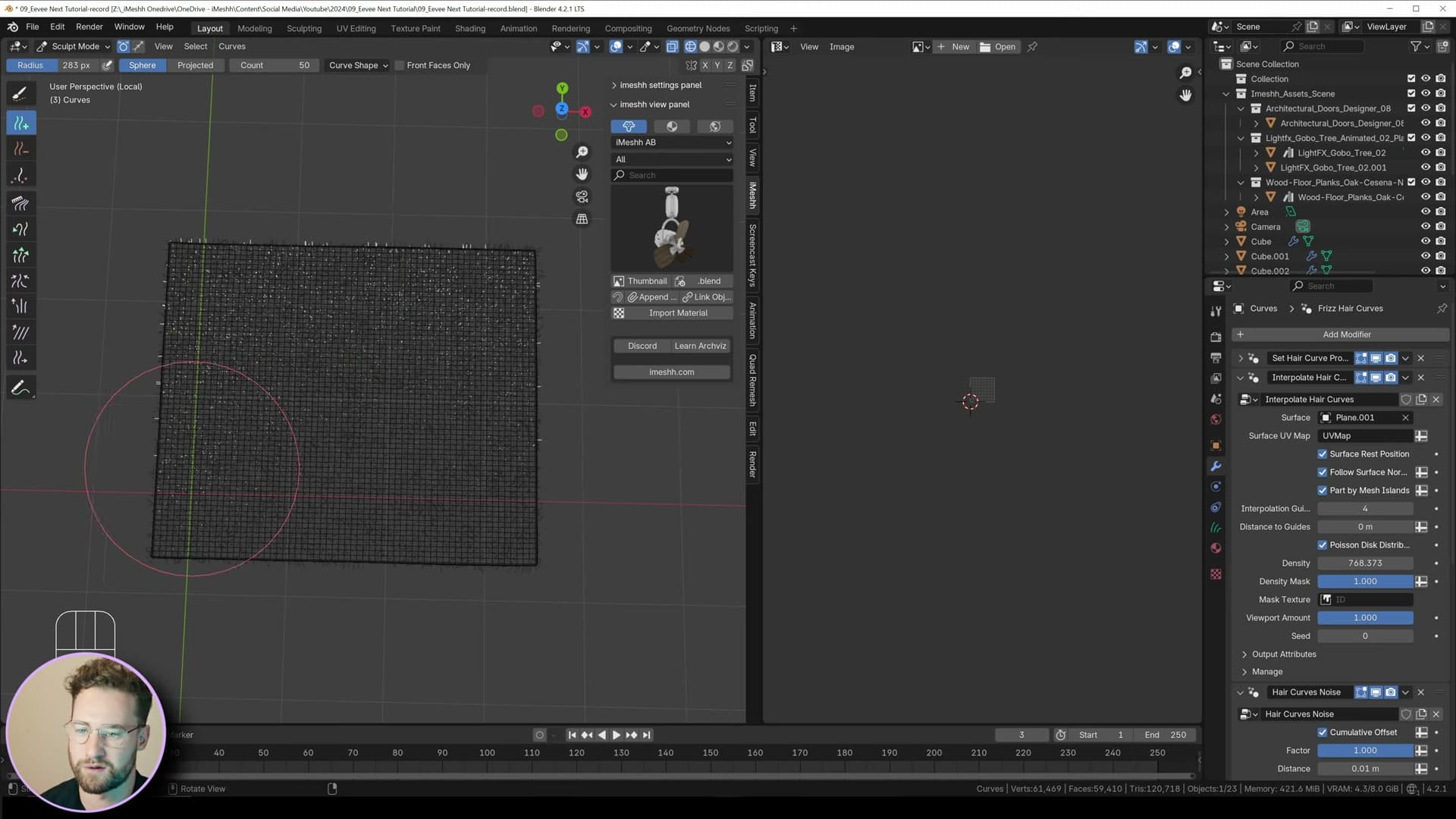 Hair curve guides at 0.05m, density 50, concentrated along visible edges where fine-tuning matters.