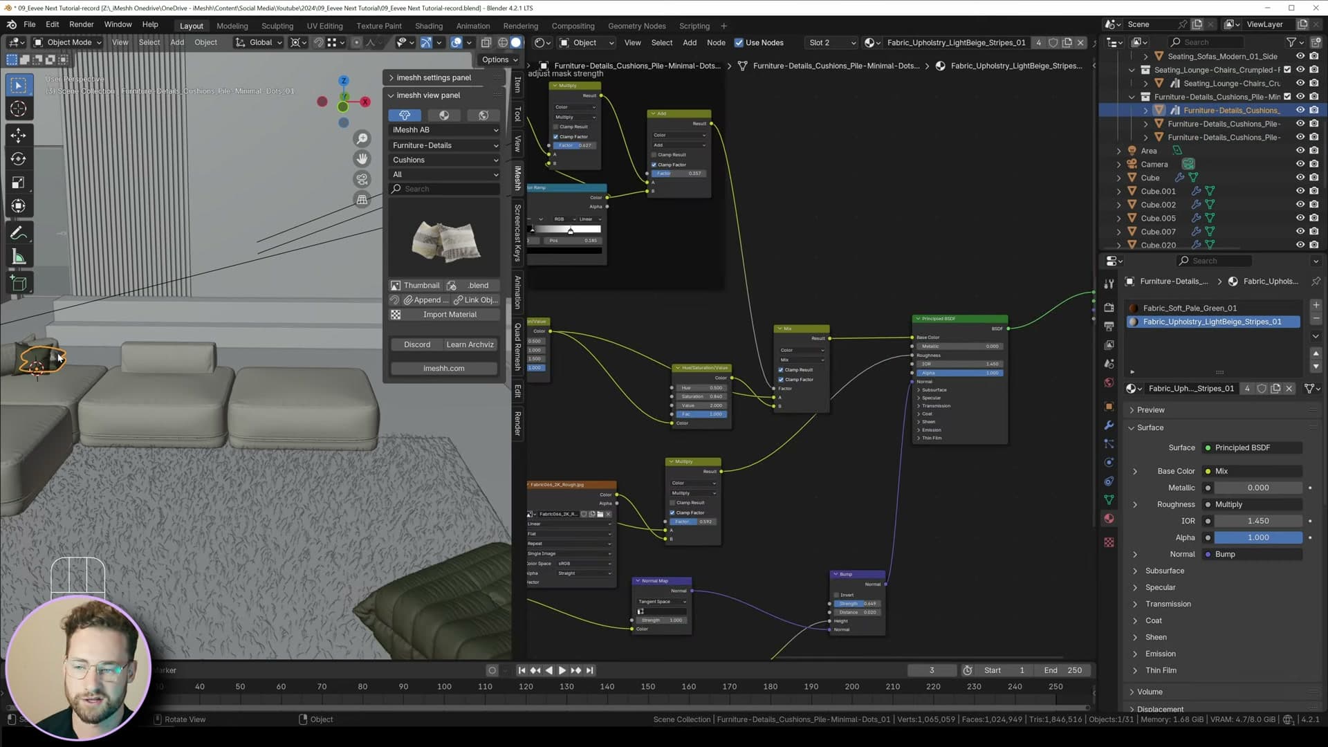 Legacy sheen nodes removed; custom Velvet/Fall-off shader plugged directly into Principled BSDF's Sheen slot.