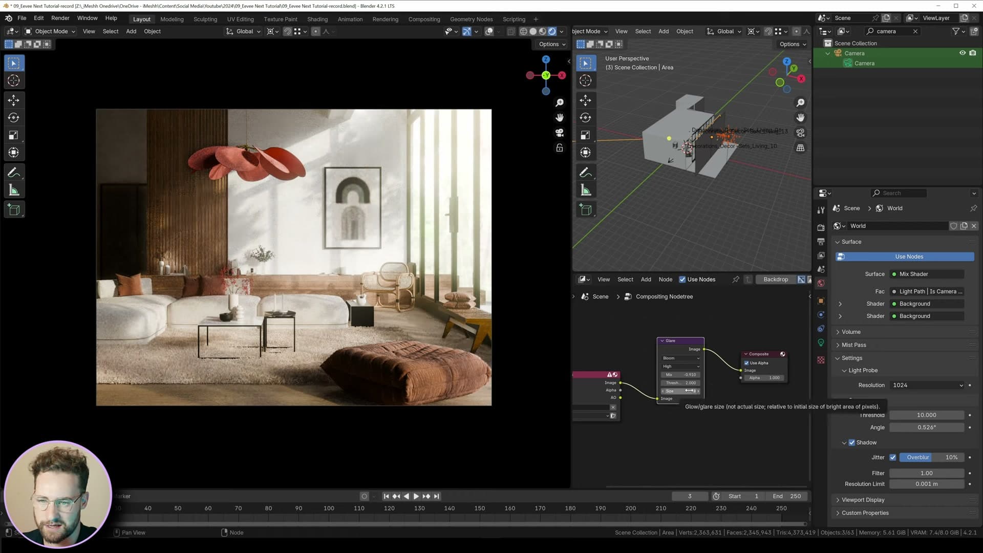 Compositor Glare node in Bloom mode with a low threshold and small size driving soft bloom around the window.