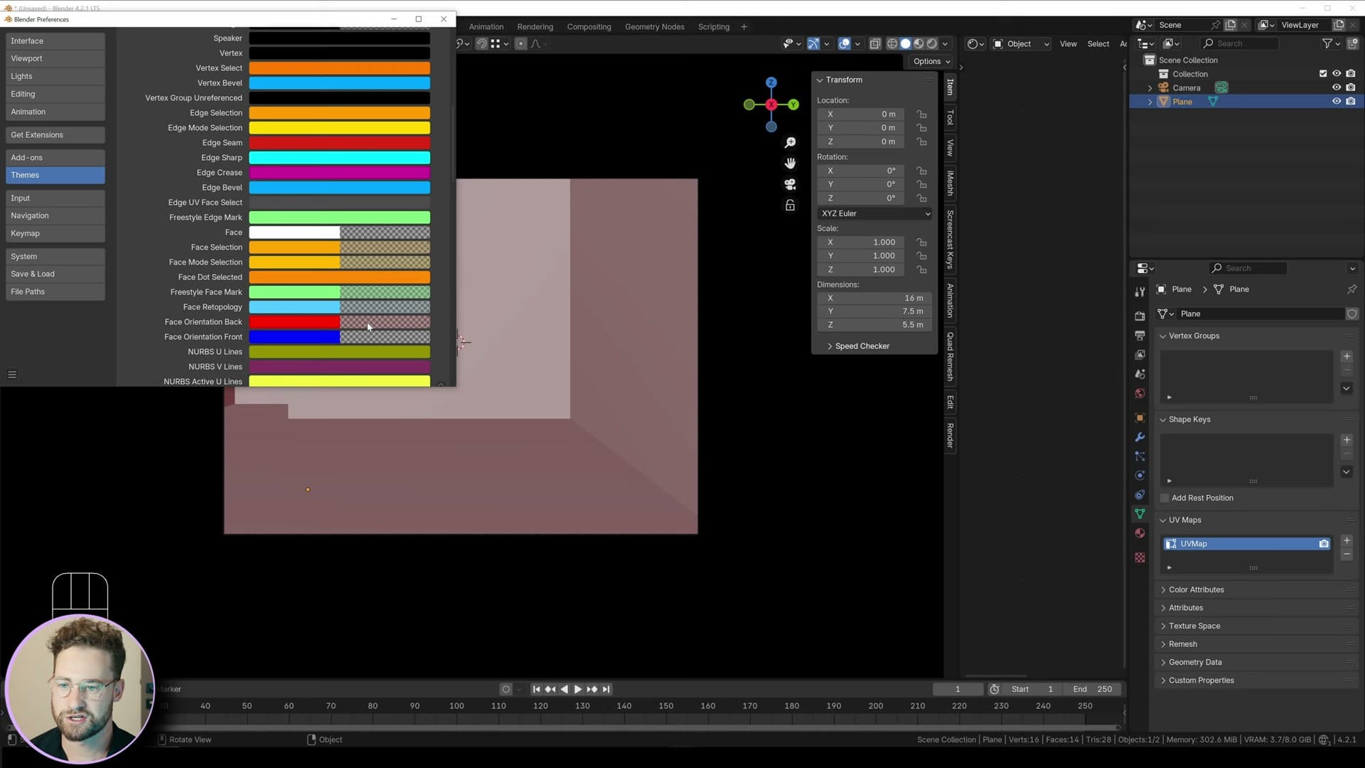Edit preferences: red face-orientation alpha kept low and blue disabled so flipped normals show without blinding glare.