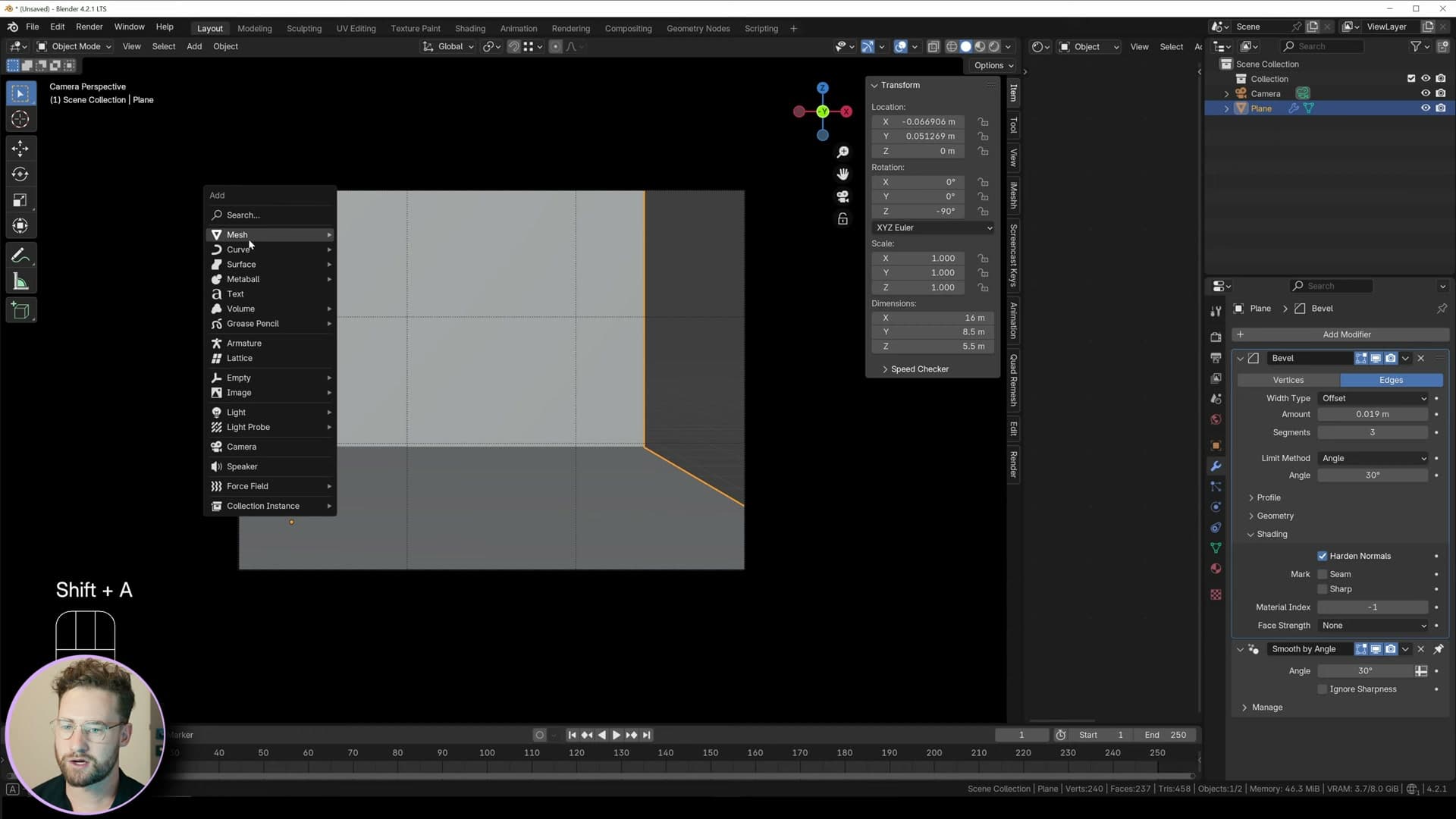 Bevel modifier added to the feature wall with Shade Auto Smooth and Harden Normals enabled.