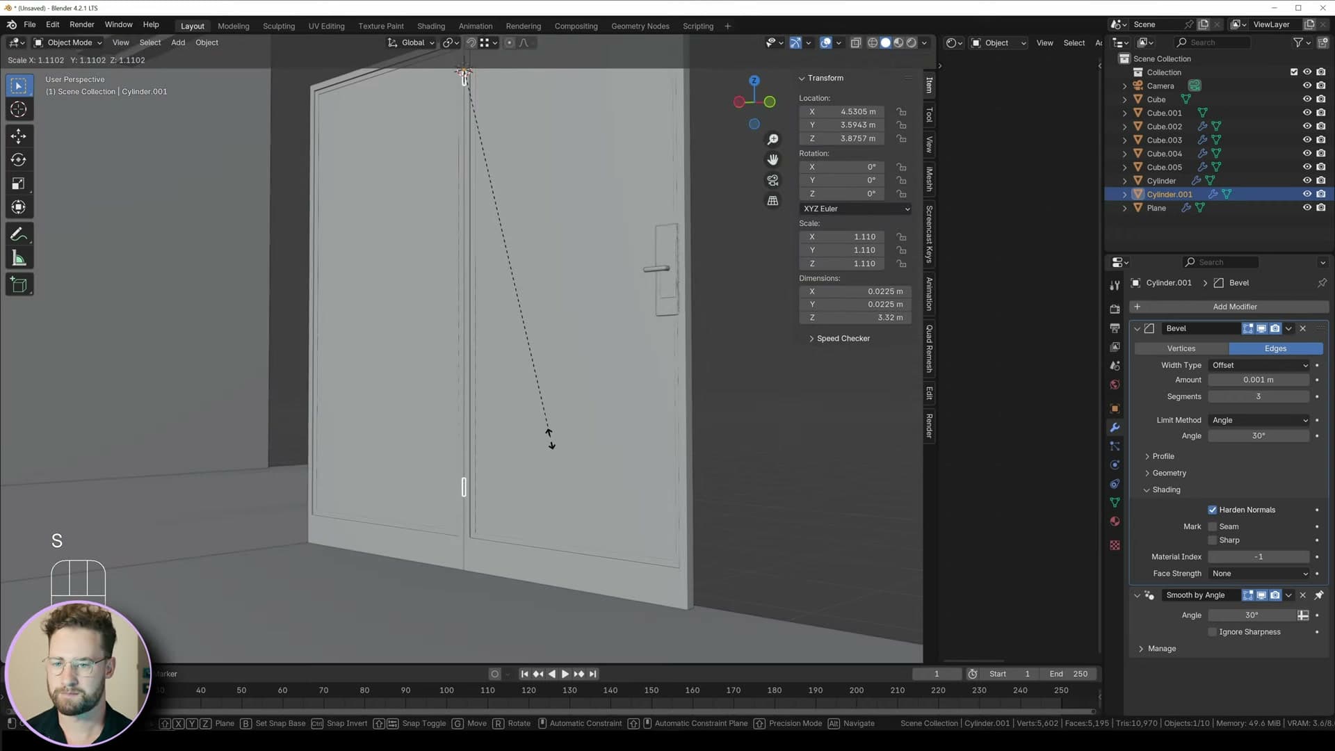 Three duplicated hinge cylinders aligned along the door edge using Shift+R.