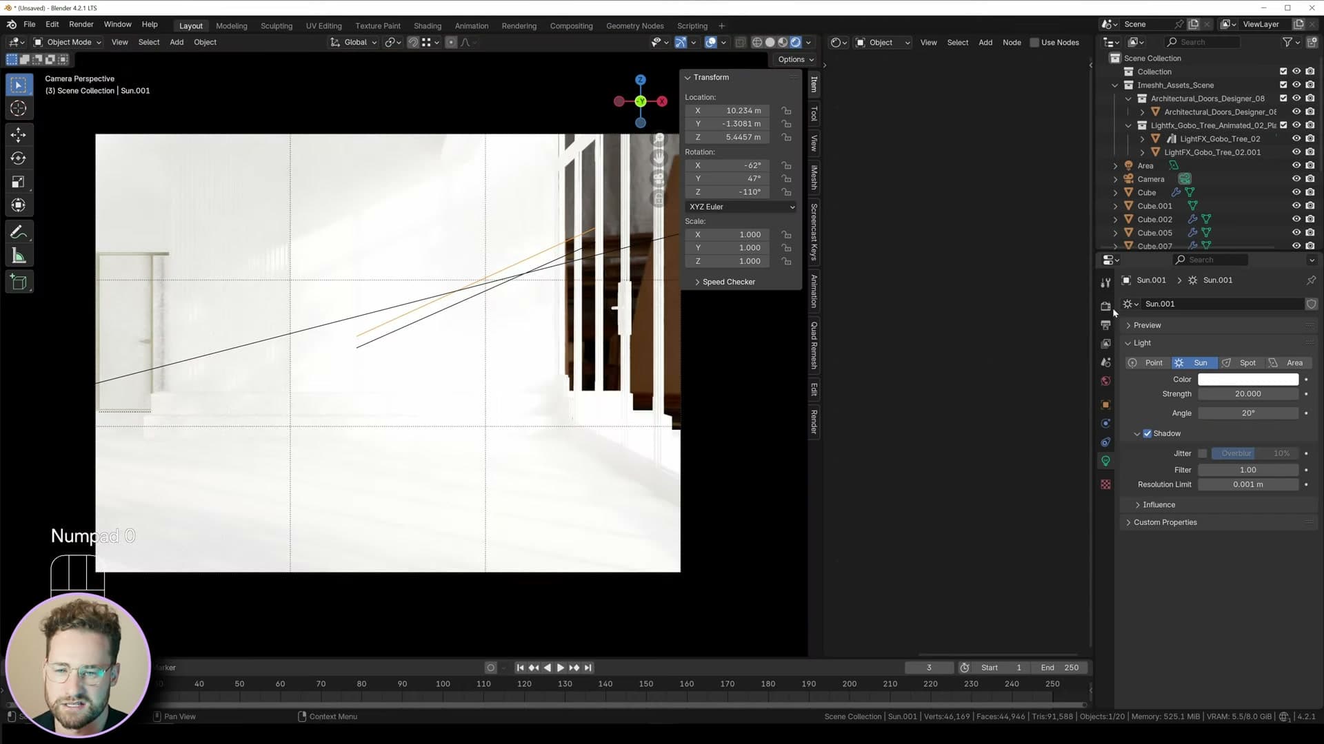Gobo plane casting animated tree shadows once a sun lamp at angle 1° drives the directional light.
