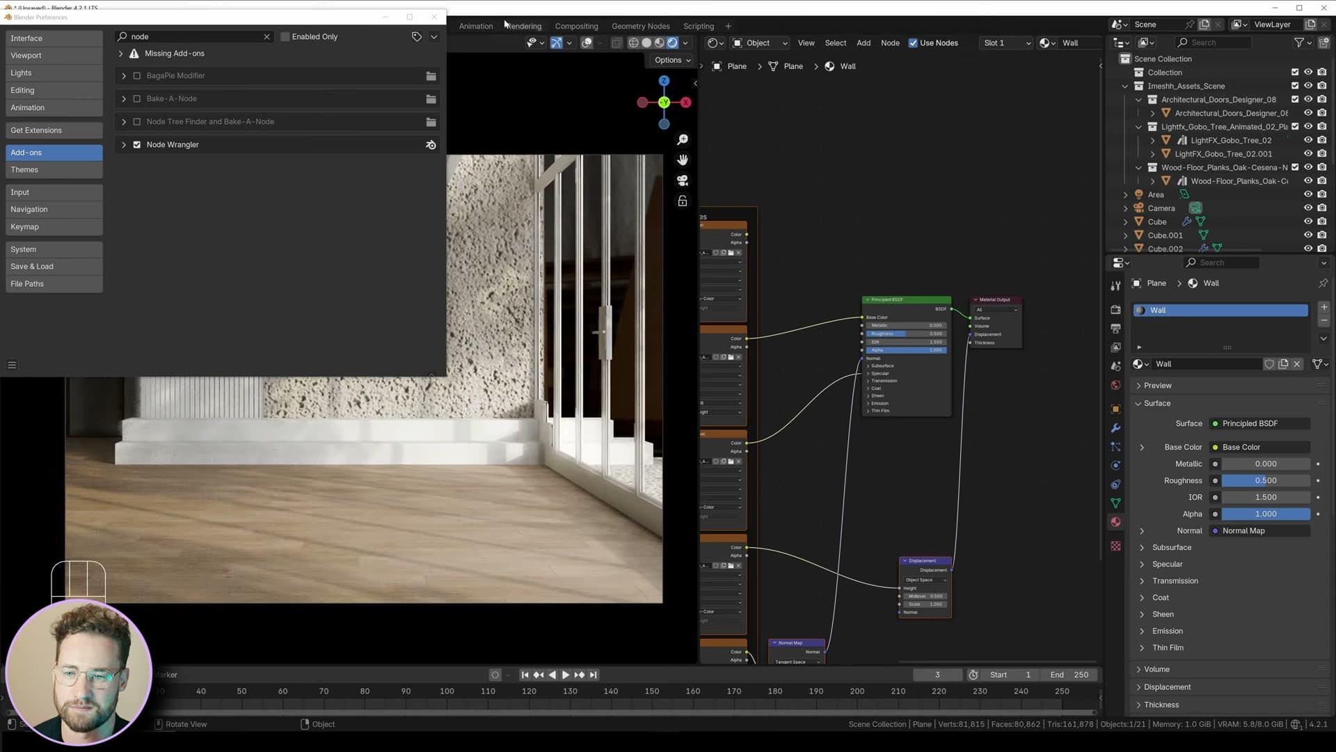 Node Wrangler auto-wired the concrete PBR maps; displacement deleted to keep the surface flat.