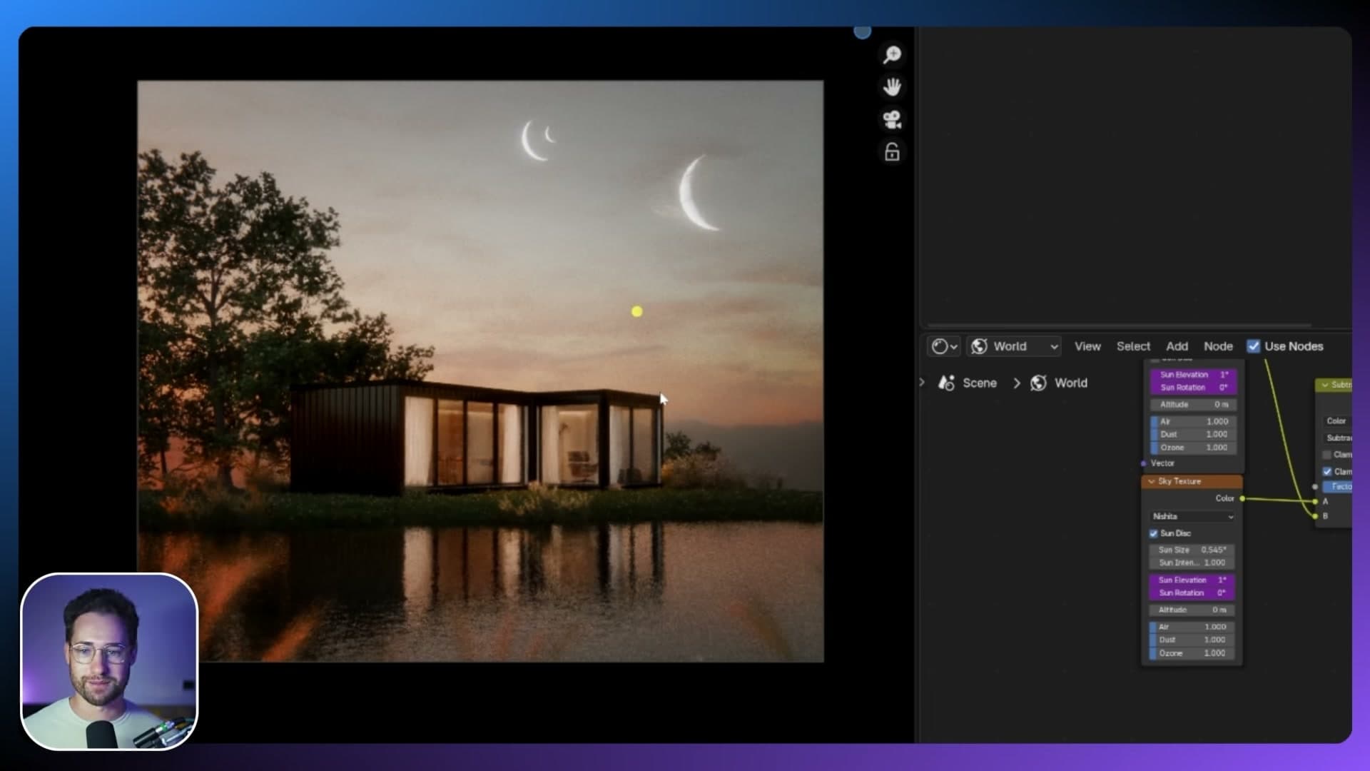Final camera view showing the complete world space: building, sky and beyond