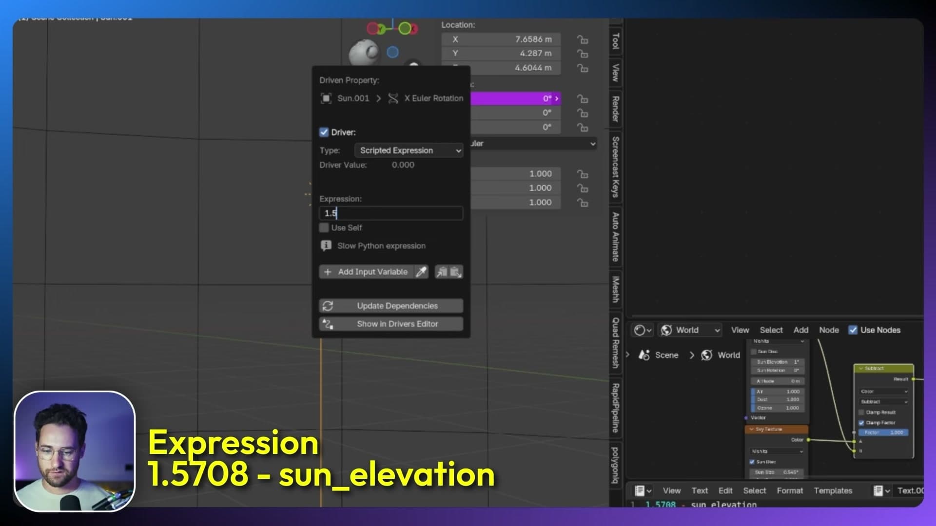 X rotation driver expression typed as 1.5708 minus sun_elevation