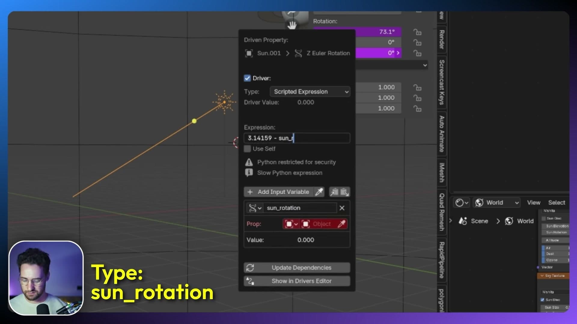 Z rotation driver entered as 3.14159 minus sun_rotation (180 degrees in radians)