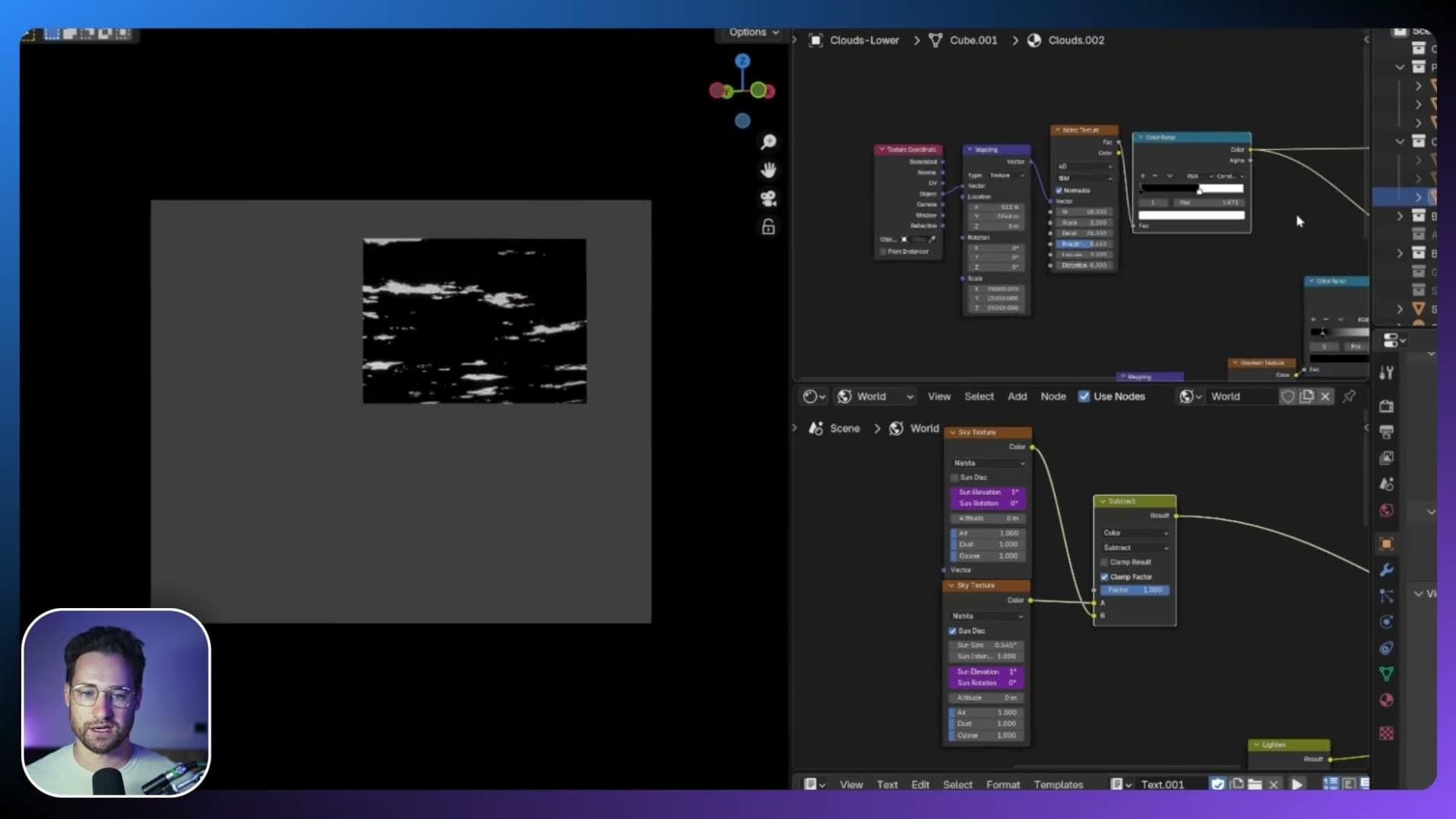 Noise texture driving a colour ramp that controls cloud density and randomness