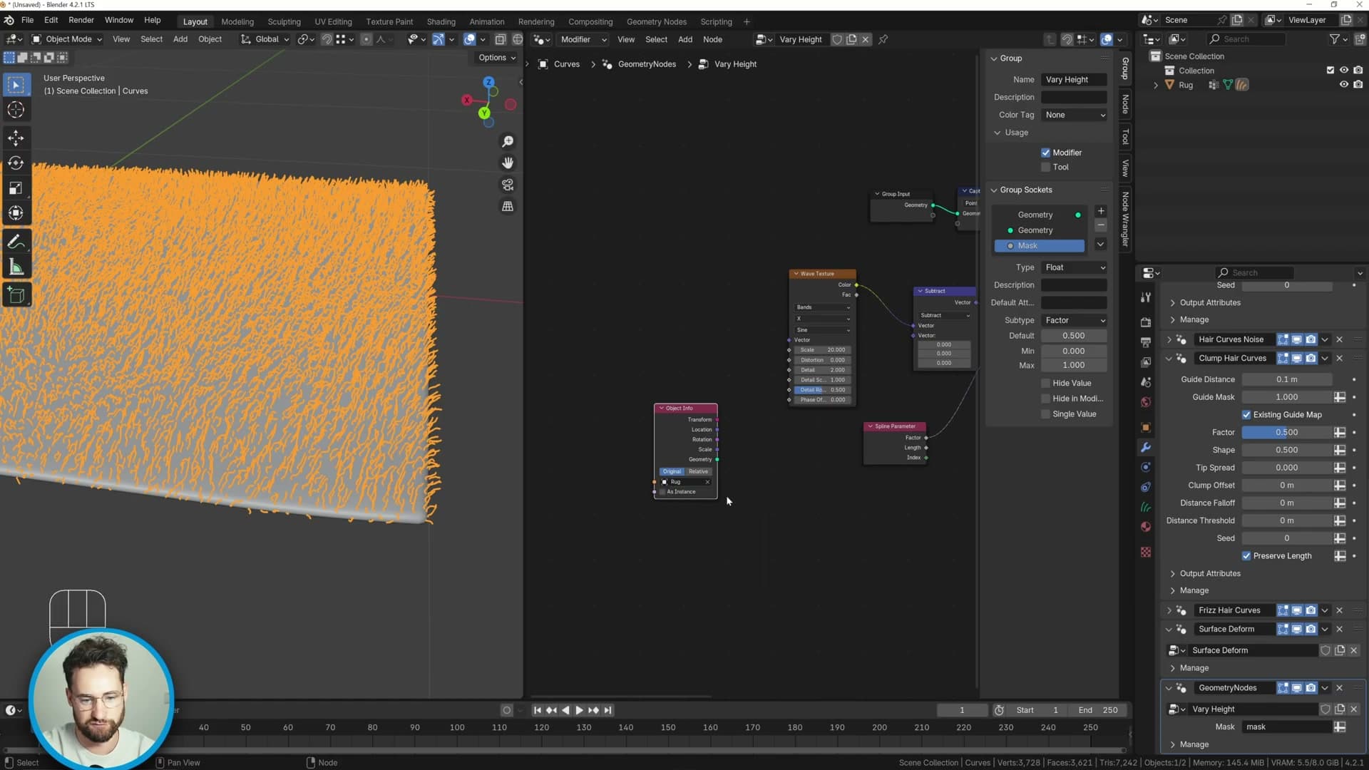Mix node factor wired to a Group Input float so the vertex group can drive the effect from the modifier panel.